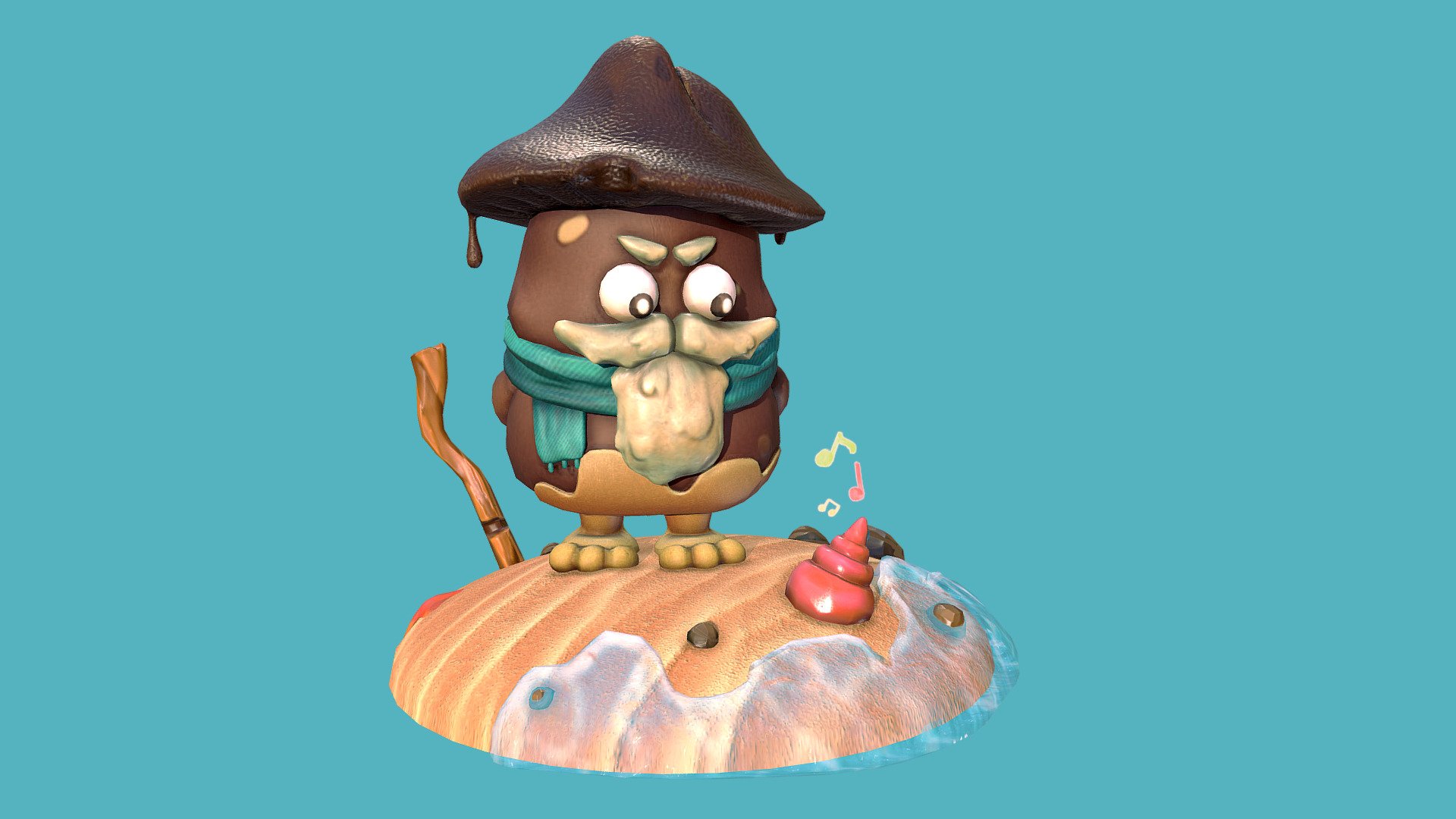 While strolling along the sea Rocky hears some music&hellip; coming out of a shell? 
As this is my first time retopo-ing a creature &amp; working with substance I learned lots of new things! 
For the Cute Creature assignment at Howest DAE I decided to sculpt Rocky, 
a mushroom I designed : https://www.instagram.com/p/B7UDiJZJweL/?igshid=h91okv2zmqjl
Rocky is an old mushroom who wants to spend his last moments at the sea, he spends his last moments listening to the waves. 

You can check it on my artstation : https://www.artstation.com/artwork/oOn3xw

Modeling in Zbrush, retopology in 3ds max and texturing in Substance Painter 3d model