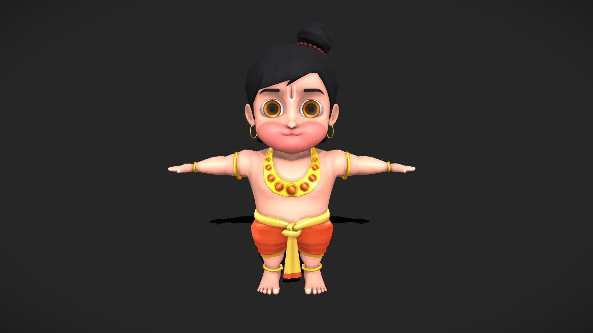 Game Ready, High-Quality Model of Chhota Hanuman.

Features :-





Completely Unwrapped Hanuman Character &amp; Mace




Rigged &amp; Mecanim ready.




Consists of High Quality and Detailed Textures.




All Materials Assigned Properly.




Prefabs ready to use for Games.



Pack Contains :-

MODELS :




Chhota Hanuman: Packed with  1 Amazing Game ready Bala Hanuman Model along with his weapon Mace.

TEXTURES :




All Textures with 2048 X 2048 Resolution.

TRI COUNT :

Hanuman: 15054, Mace: 1580

✔️ Character can be Rigged &amp; Animated using Mixamo.

We would love to hear your rating and comments.

Support email: tgamesassets@gmail.com - Chhota Hanuman / Bal Hanuman - Buy Royalty Free 3D model by TGamesAssets 3d model