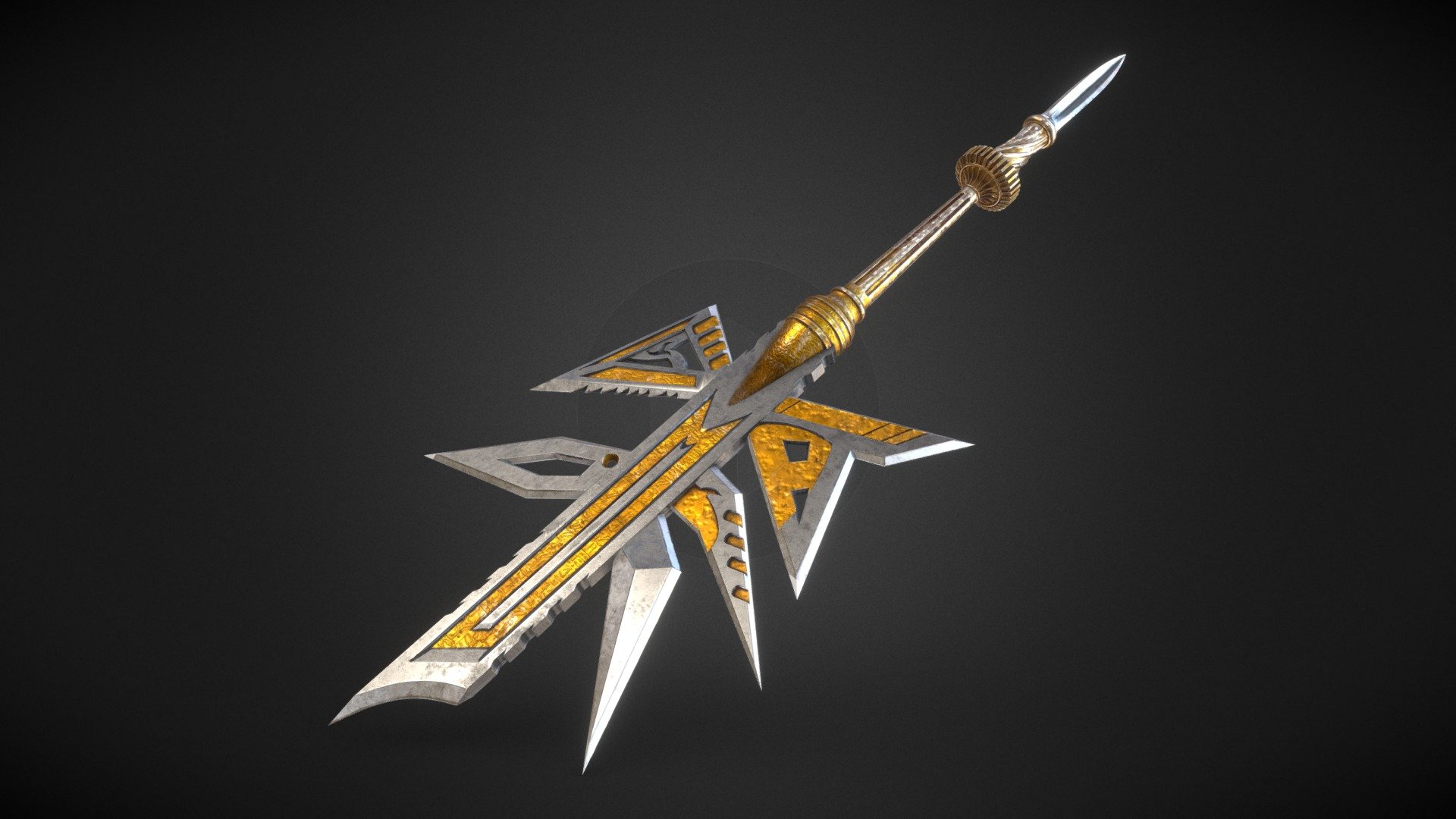 Half sword spear.

-LOW POLY It contains a .rar with the asset in .fbx and .obj format, with 2 material and textures in  x2048 .jpg - Color - Metalic - Normal map - Roughness - Specular.

-Number of vertices 11,500.

-Real world scaled model.

-Ready for game or stage adornment 3d model