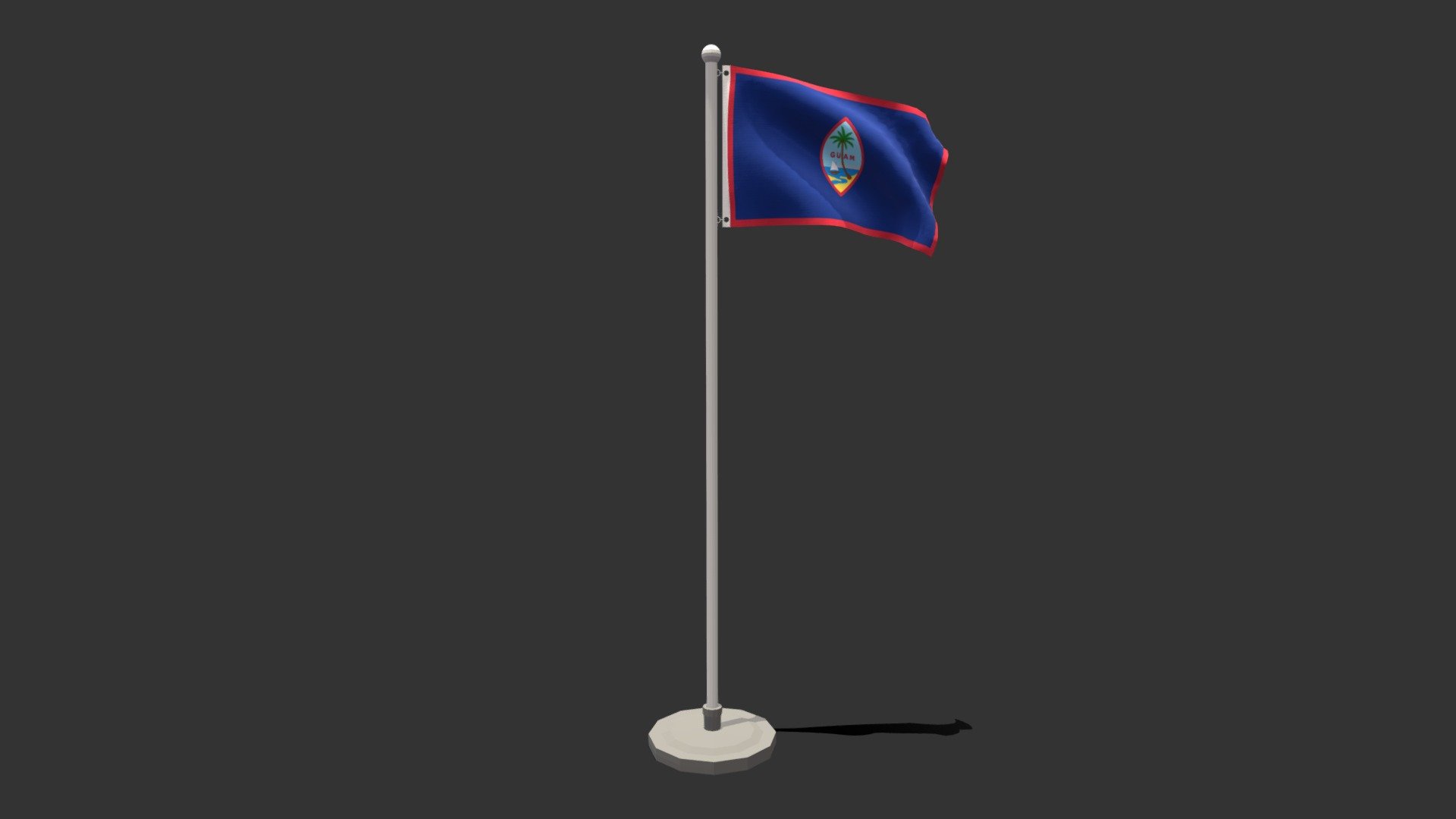 This is a low poly 3D model of an animated flag of Guam territory. The low poly flag was modeled and prepared for low-poly style renderings, background, general CG visualization presented as 2 meshes with quads only.

Verts : 1.416 Faces : 1.343.

1024x1024 textures included. Diffuse, roughness and normal maps available only for flag. The pole have simple materials with colors.

The animation is based on shapekeys, 248 frames and seamless, no rig included.

The original file was created in blender. You will receive a OBJ, FBX, blend, DAE, Stl, gLTF, abc.

****PLEASE NOTE Animation icluded only in blend, FBX, abc and glTF files.

Warning: Depending on which software package you are using, the exchange formats (.obj , .dae, .fbx) may not match the preview images exactly. Due to the nature of these formats, there may be some textures that have to be loaded by hand and possibly triangulated geometry 3d model