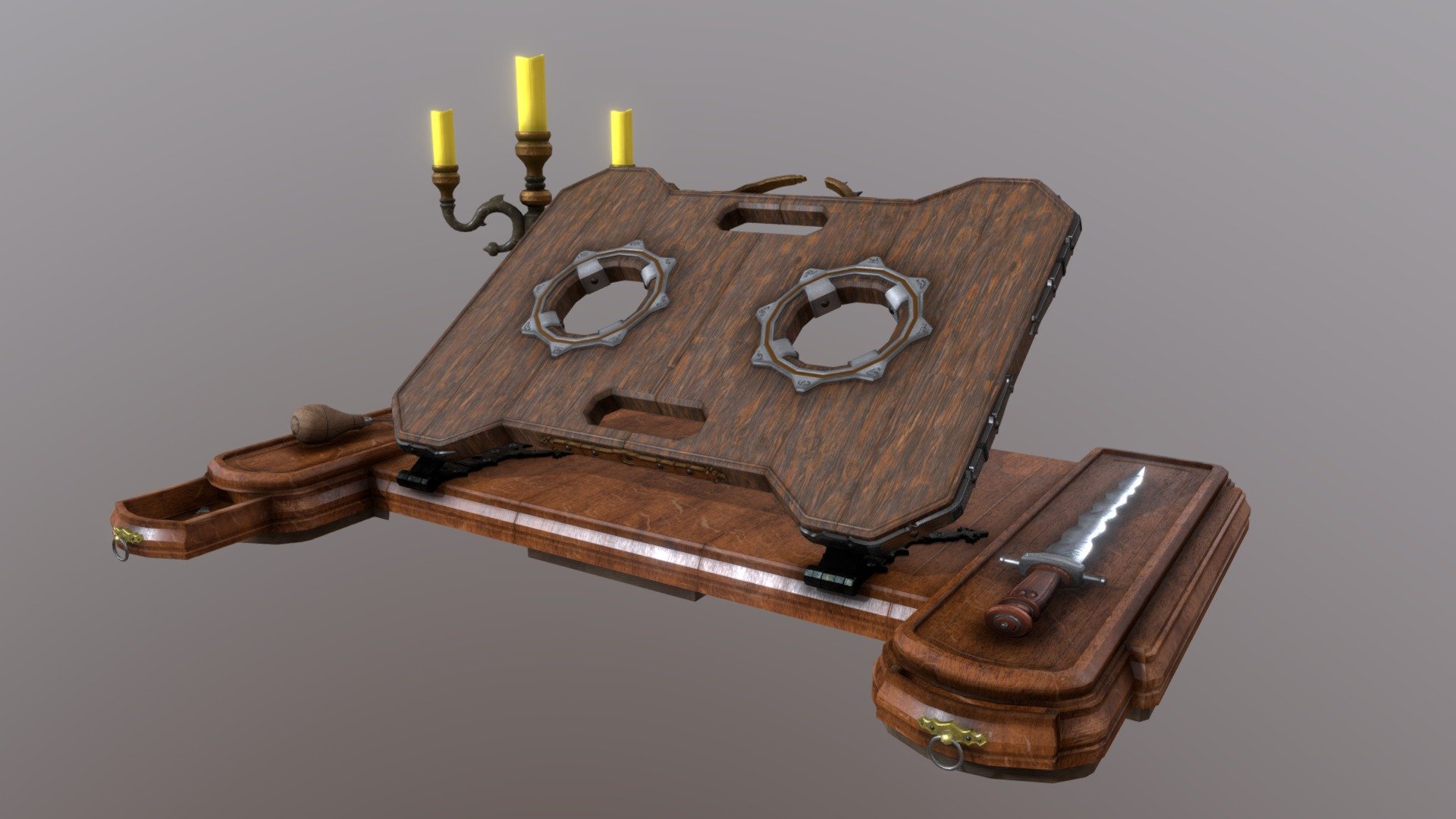 The lectern for the necronomicon.
With the cremonial dagger for the sacrifice and a pointed instrument to facilitate the cooperation of the victim of the ritual 3d model