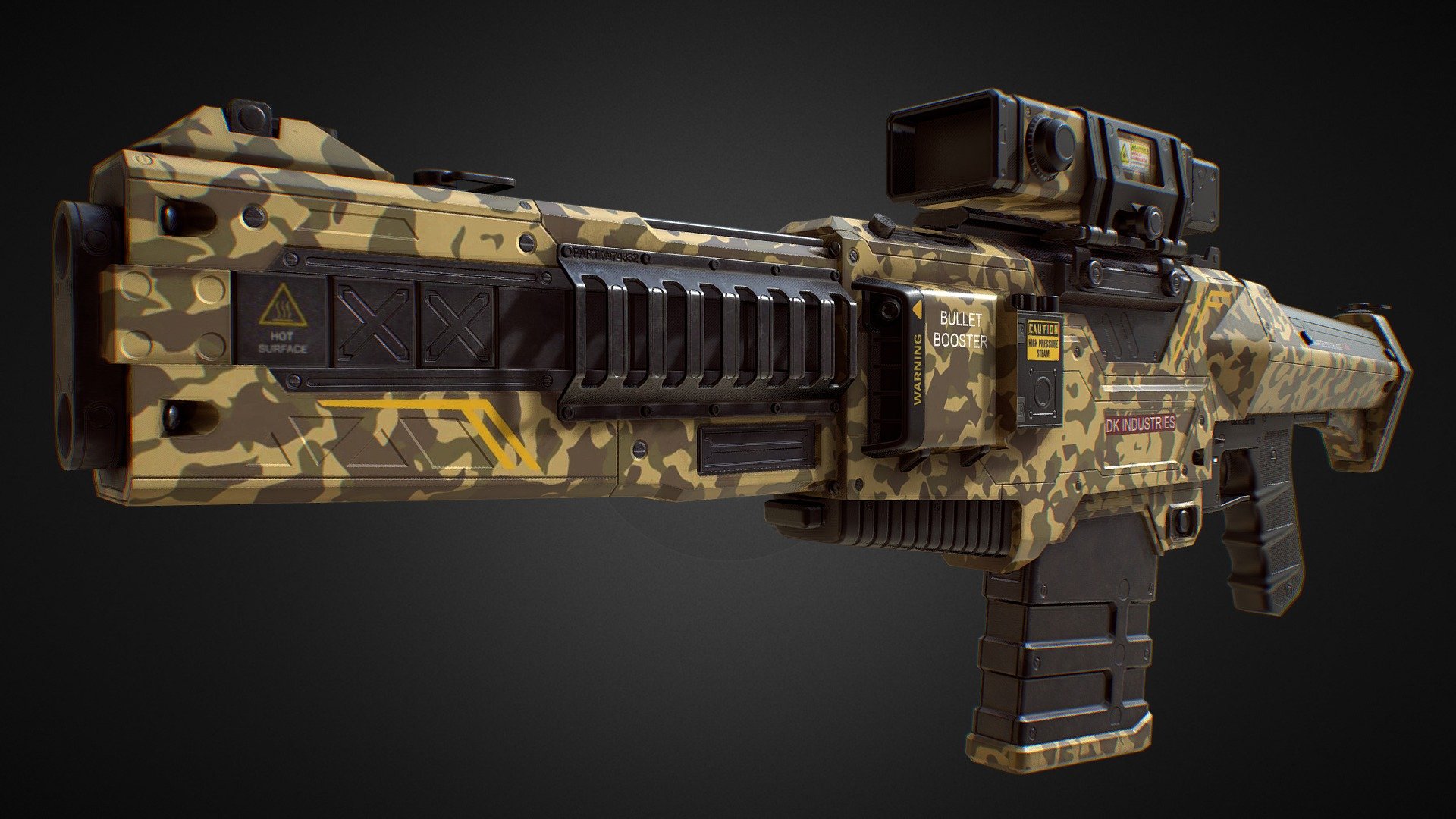 PBR Modular Assault Rifle from Sci-Fi weapon pack 
Unity Assetstore:   PBR SciFi Weapons v2
CG trader:   PBR SciFi Weapons v2
With movable parts and hires textures - PBR Assault Rifle (Cammo Skin 3) - 3D model by Dmitrii_Kutsenko (@Dmitrii_Kutcenko) 3d model