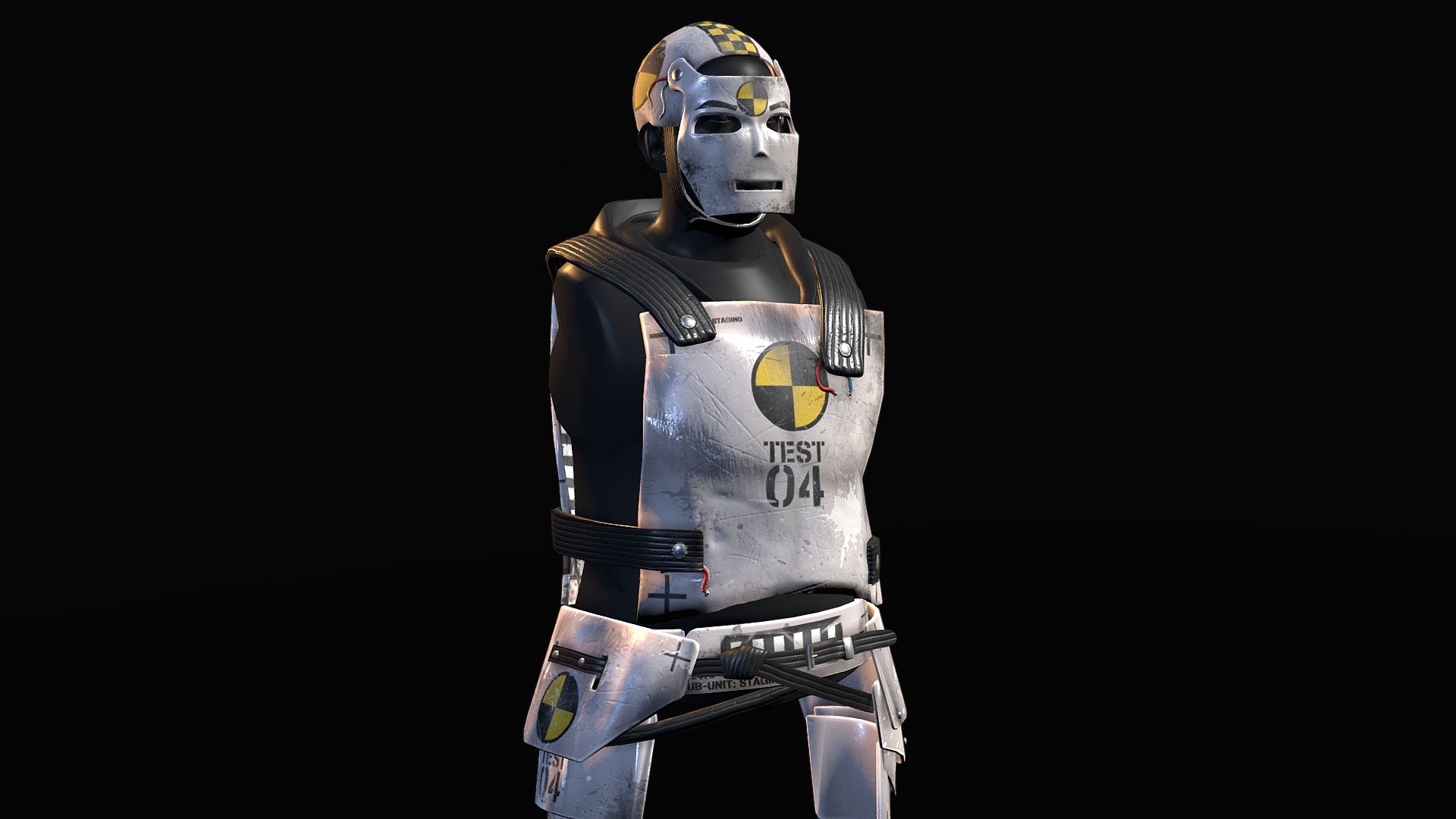 Skins for the metal facemask, chestplate, and roadsign kilt in Rust, made to resemble a crash test dummy 3d model