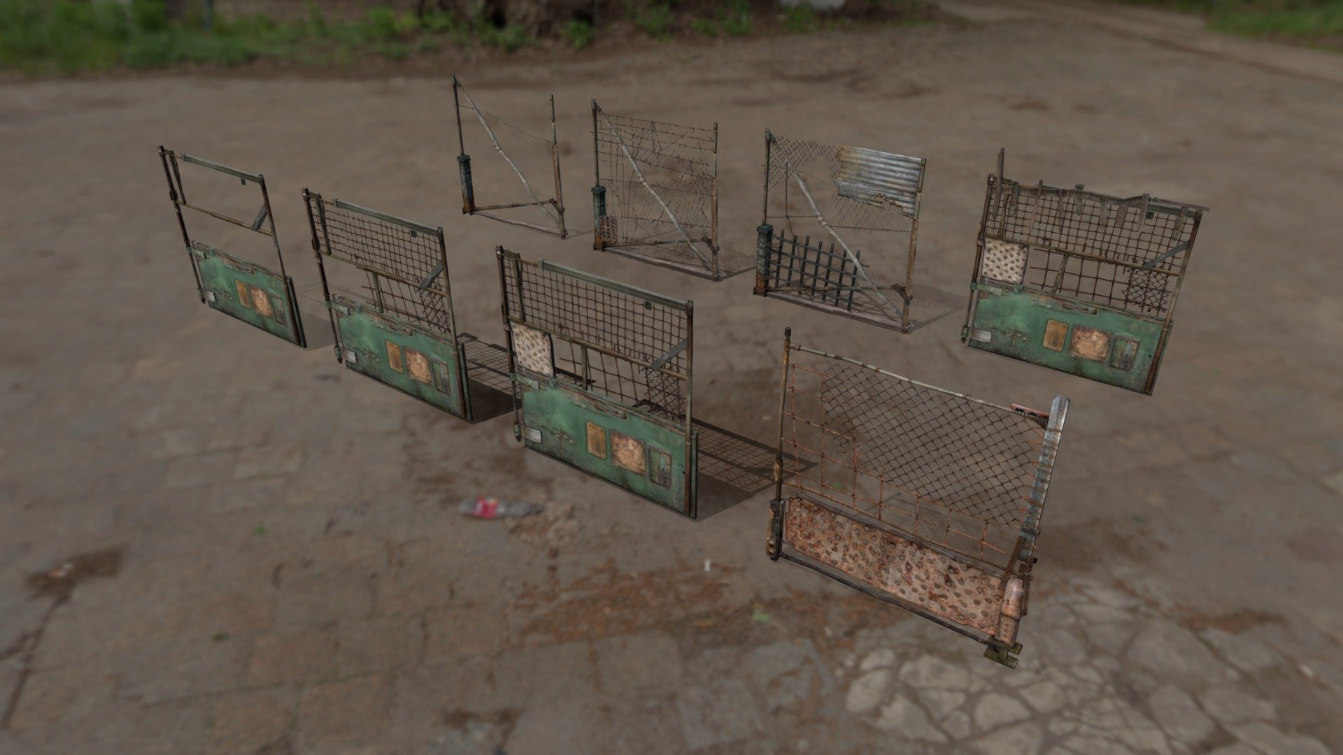 Fence assets based on Return To Ravenholm by Arkane Studios.
https://combineoverwiki.net/wiki/File:RTR_doors.jpg

Recreating them was made possible thanks to Noclip's gameplay footage and release of some of Arkane's concept art. 
The pack was created for use in Half-Life 2/Source 1 mods. 

You can download the compiled assets here https://drive.google.com/file/d/1xMXDP0WUVAZMMBWuGJ9MgSFkqwSg1N2W/view?usp=sharing
Alternatively, download and rate here https://gamebanana.com/models/4844 

Unfortunately, I cannot really put them up on Sketchfab because the compiled models also have LOD and engine-specific material settings.

Meshes by Cvoxalury, textures by A. Shift. Original designs by Arkane Studios / Jean-Luc Monnet. 
Released under Creative Commons. Use them however you like, just give proper credit if you do 3d model