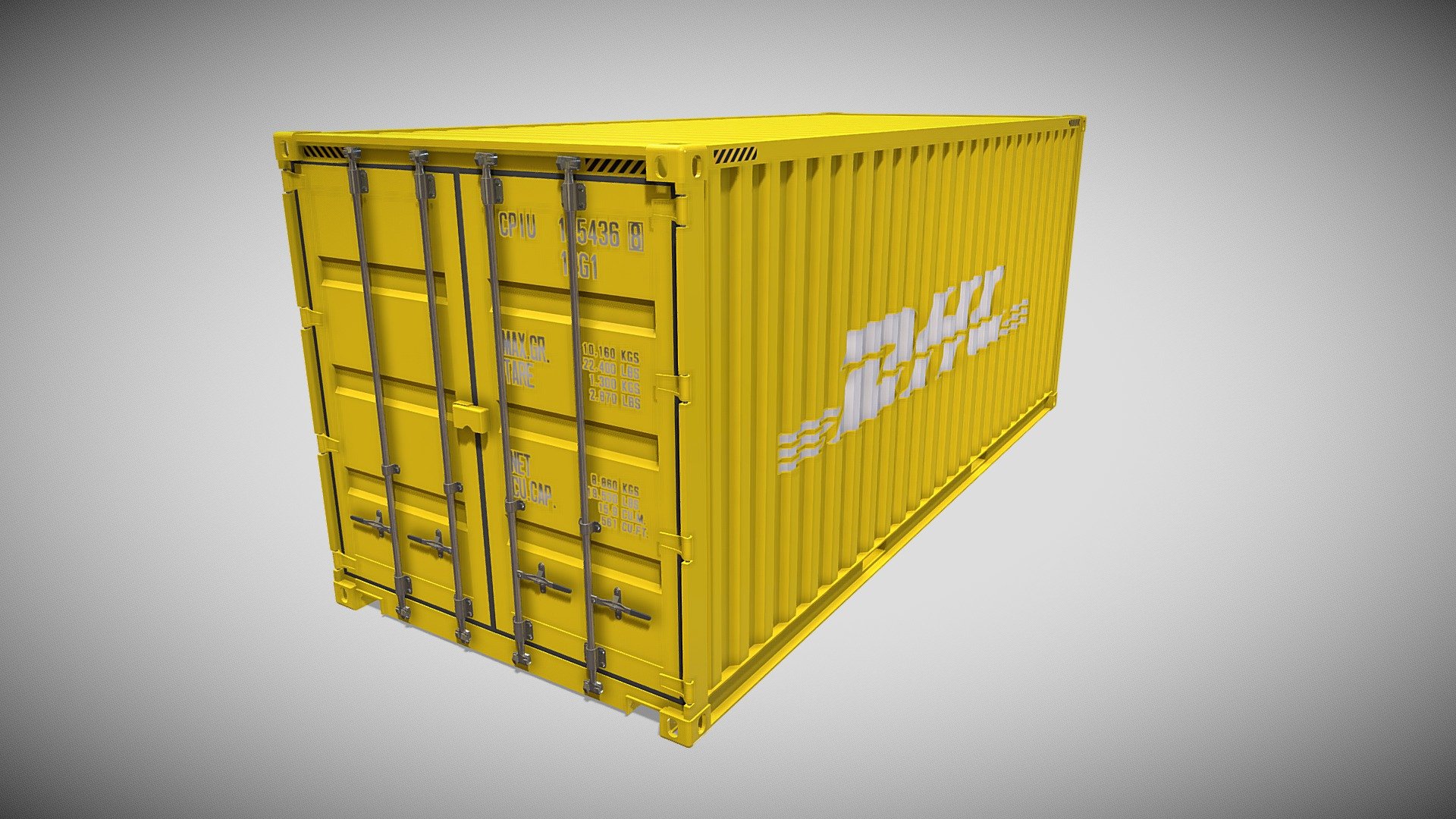 20ft Shipping Container 3d model rendered with Cycles in Blender, as per seen on attached images. 

File formats:
-.blend, rendered with cycles, as seen in the images;
-.obj, with materials applied;
-.dae, with materials applied;
-.fbx, with materials applied;
-.stl;

-.blend, with doors open, rendered with cycles, as seen in the images;
-.obj, with doors open, with materials applied;
-.dae, with doors open, with materials applied;
-.fbx, with doors open, with materials applied;
-.stl;

Files come named appropriately and split by file format.

3D Software:
The 3D model was originally created in Blender 2.8 and rendered with Cycles.

Materials and textures:
The models have materials applied in all formats, and are ready to import and render.
The model comes with two png image textures 3d model