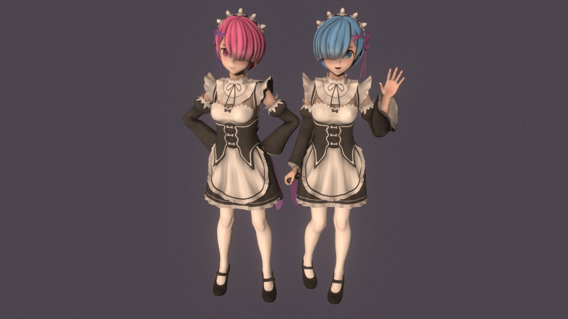 Posed model of anime girl Rem &amp; Ram  (Re:Zero − Starting Life in Another World).

This product include .FBX (ver. 7200) and .MAX (ver. 2010) files.

Rigged version: https://sketchfab.com/3d-models/t-pose-rigged-model-of-rem-ram-60eddabea1d24e978104798dc32ce0fc

I support convert this 3D model to various file formats: 3DS; AI; ASE; DAE; DWF; DWG; DXF; FLT; HTR; IGS; M3G; MQO; OBJ; SAT; STL; W3D; WRL; X.

You can buy all of my models in one pack to save cost: https://sketchfab.com/3d-models/all-of-my-anime-girls-c5a56156994e4193b9e8fa21a3b8360b

And I can make commission models.

If you have any questions, please leave a comment or contact me via my email 3d.eden.project@gmail.com 3d model