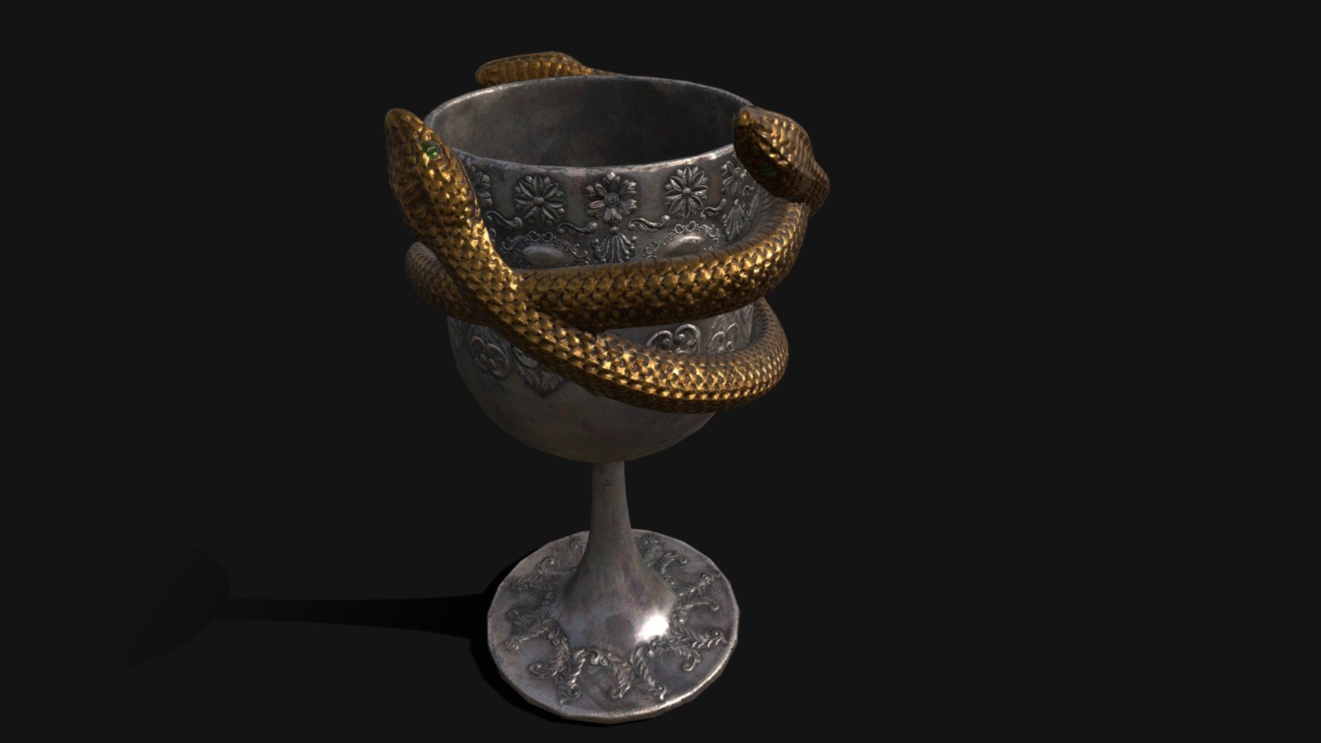 Snake King Chalice 3D Model. This model contains the Snake King Chalice itself 

All modeled in Maya, textured with Substance Painter.

The model was built to scale and is UV unwrapped properly. Contains only one 4K texture set.  

⦁   7156 tris. 

⦁   Contains: .FBX .OBJ and .DAE

⦁   Model has clean topology. No Ngons.

⦁   Built to scale

⦁   Unwrapped UV Map

⦁   4K Texture set

⦁   High quality details

⦁   Based on real life references

⦁   Renders done in Marmoset Toolbag

Polycount: 

Verts 3582

Edges 7178

Faces 3599

Tris 7156

If you have any questions please feel free to ask me 3d model