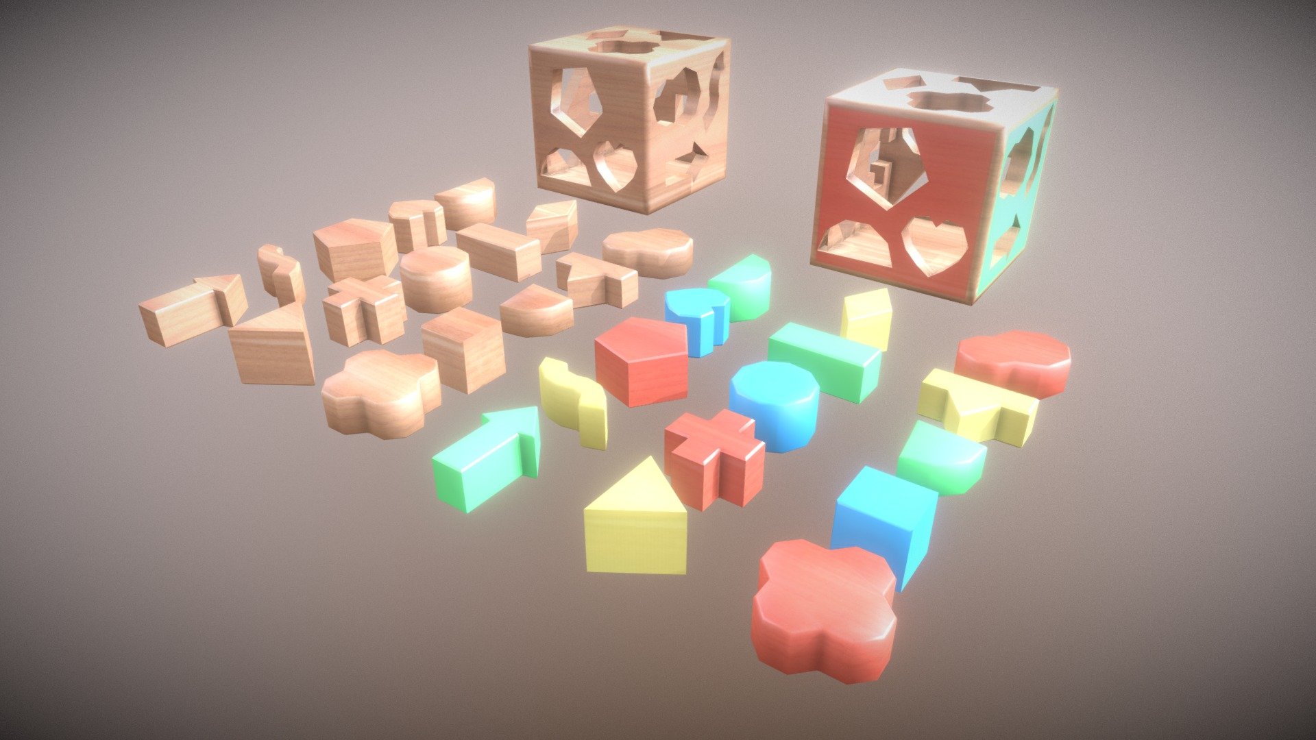 PBR painted on four non-overlapping UV-atlases
two for boxes two for block sets

model is for display - blocks are separated but rotations might not be snapped at 90 degrees - Game Ready Block Box Toy low poly - Buy Royalty Free 3D model by FunFant 3d model