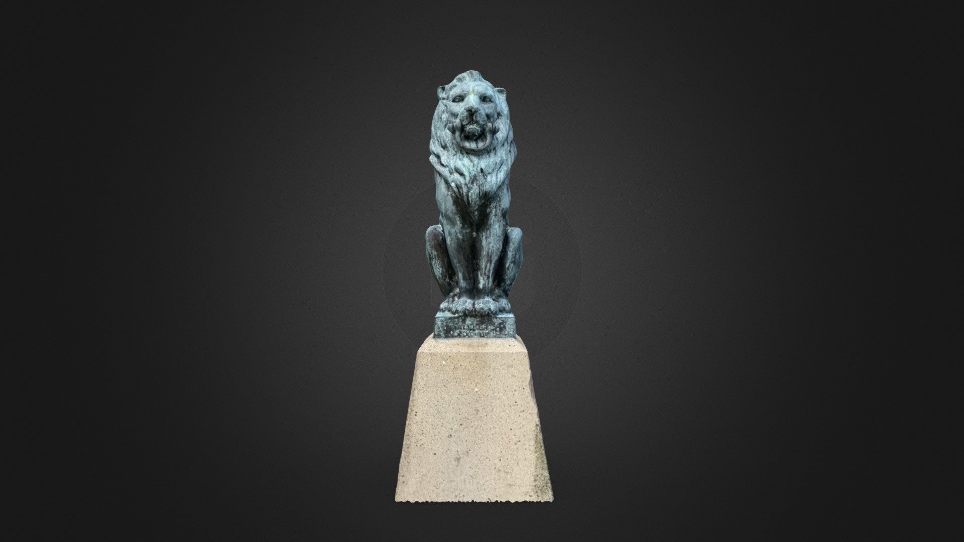 This is a photoscanned statue of lion sitting on a stone plinth 3d model