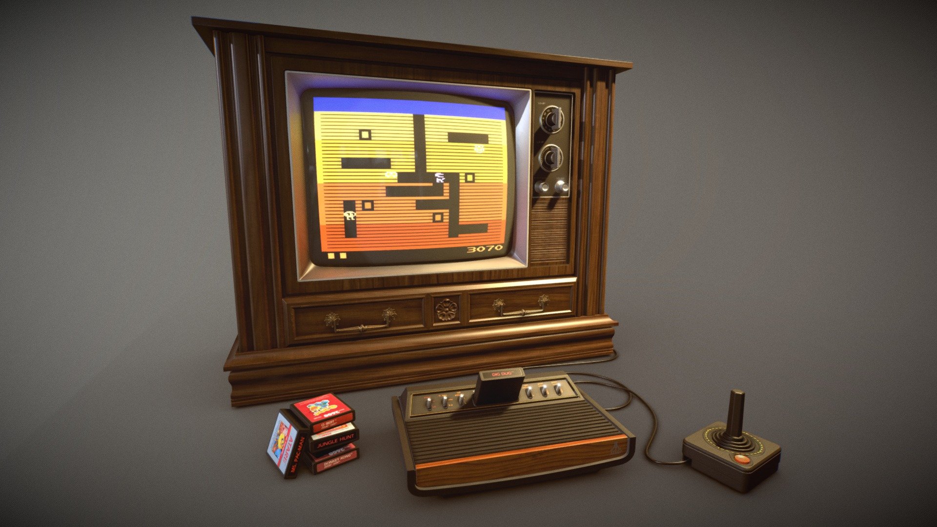 This was a fun project to make, not only because of the classic gaming console but also the early 80's TV. Admittedly, I never actually owned an Atari 2600, but my dear grandma had a TV like this for many years when I was a kid, so it's sentimental to me.

There are many textures included, but don't let it scare you too much; they're all appropriately labelled and easy to apply. A lot of them are 128x128 uniform color textures, which shouldn't add much of an extra workload to your scene, and some materials share the larger textures as well.

There are several cartridge materials included, and you can easily change the TV screen texture, so you could get really creative with what game is playing in your scene! Or you could have it not playing a game and just put your own video on there or something, anything you'd like! I also included a template for the cartridges, so if you get your own images you can use it as an alpha and easily make your own 3d model