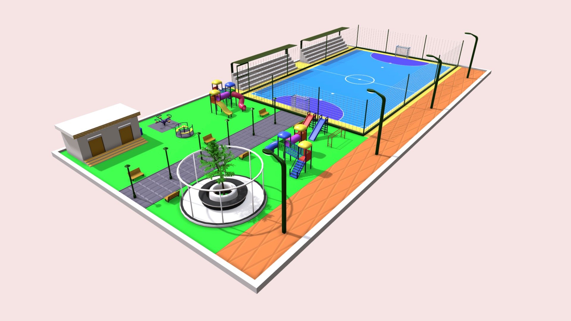Small amusement park with slides, slides, dome, toilets and a futsal court - Playground - Children's park - 3D - Buy Royalty Free 3D model by Shin Xiba 3D (@Xiba3D) 3d model