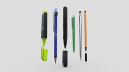 Pen Pack office, school, pencil, orange, household, drawing, line, sketch, painting, fine, ready, graphic, marker, props, tool, artist, writing, ballpen, fineliner, game, art, low, poly, home