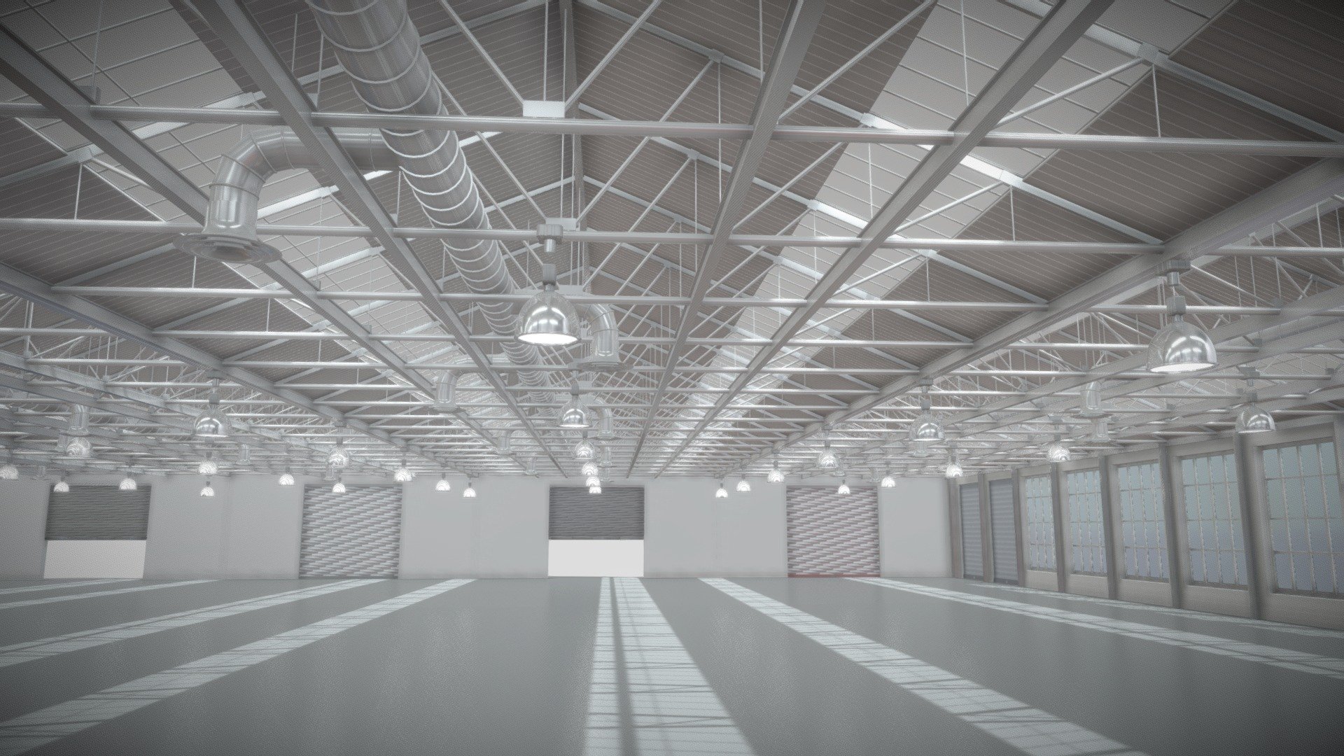 Detailed 3d model of a large Architectural warehouse with detailed interior 3d model