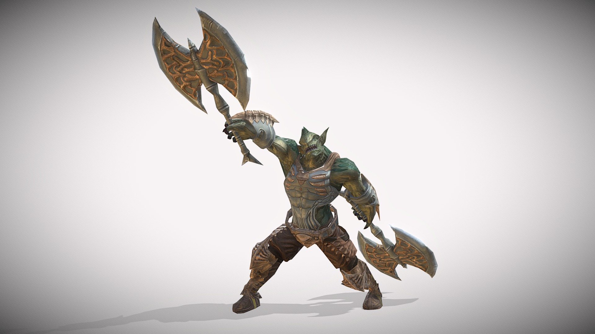 Orc Warrior armed with two powerful double-bladed axes, animated and rigged.




Model: 3738 triangles, 2818 vertices.

Rig: type generic.

Anims: 17.

Clips: appearance, damage, die, die idle, idle, knock down, knock down idle, rise, run, skill evil bash, skill evil rush attack, skill fury, skill normal attack, spawn, spawn a, spawn b, stun.

Mats: diffuse, normal, occlusion and metallic.

Res: 2048 x 2048.
 - Orc Warrior 2 - Buy Royalty Free 3D model by Jacob Shearston (@JacobShearston) 3d model