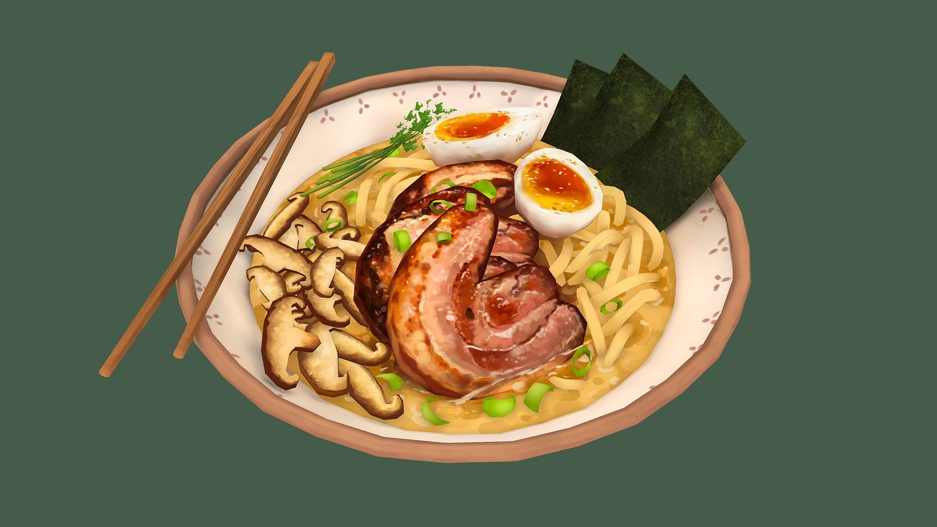 Really wanted to paint some food, so here's a bowl of one of my favorites - tonkotsu ramen!

Modeled in 3dsMax, fully handpainted in 3DCoat and Photoshop. I additionally baked then erased some AO to help enhance some forms while still maintaining most of the original handpainted diffuse 3d model