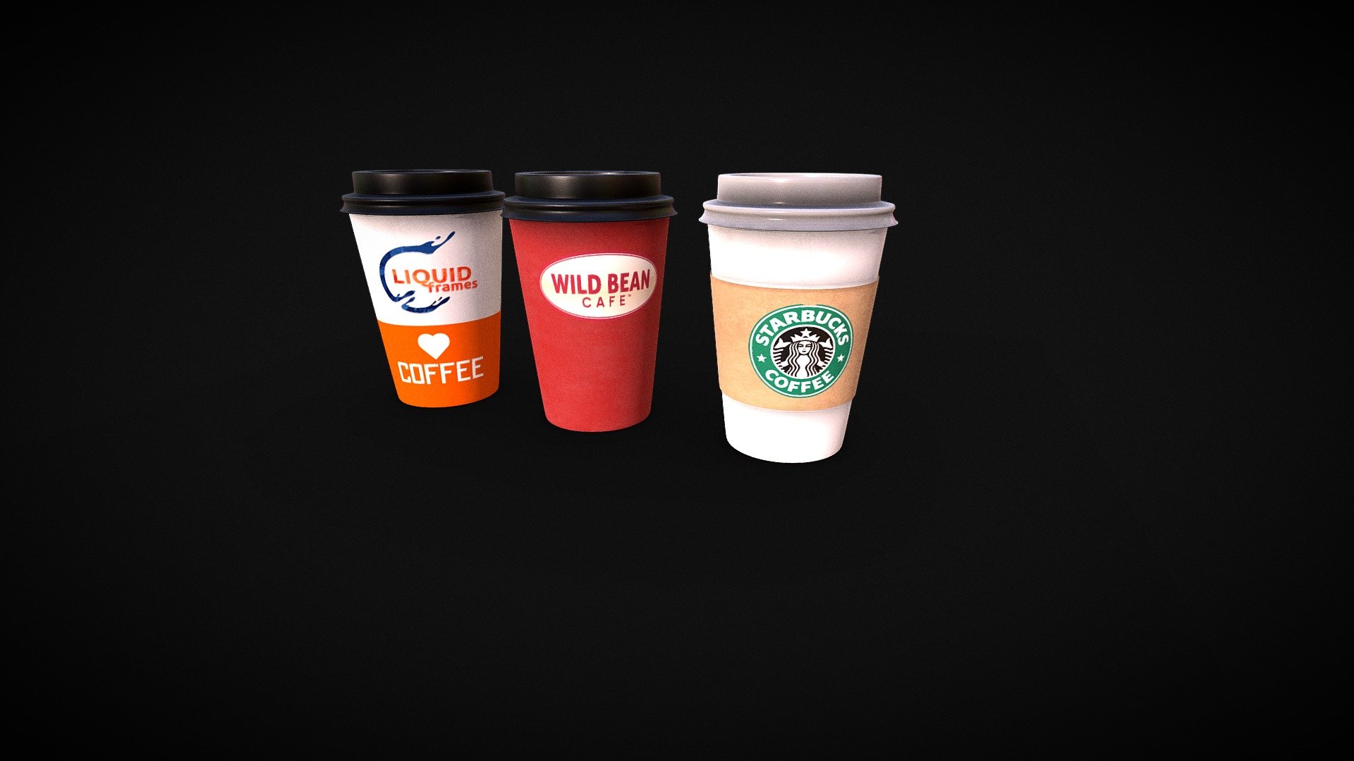 3 Papper coffee cups. Starbucks, Wildbean Cafe.
Modeled in Blender and textured in Substance Painter 3d model