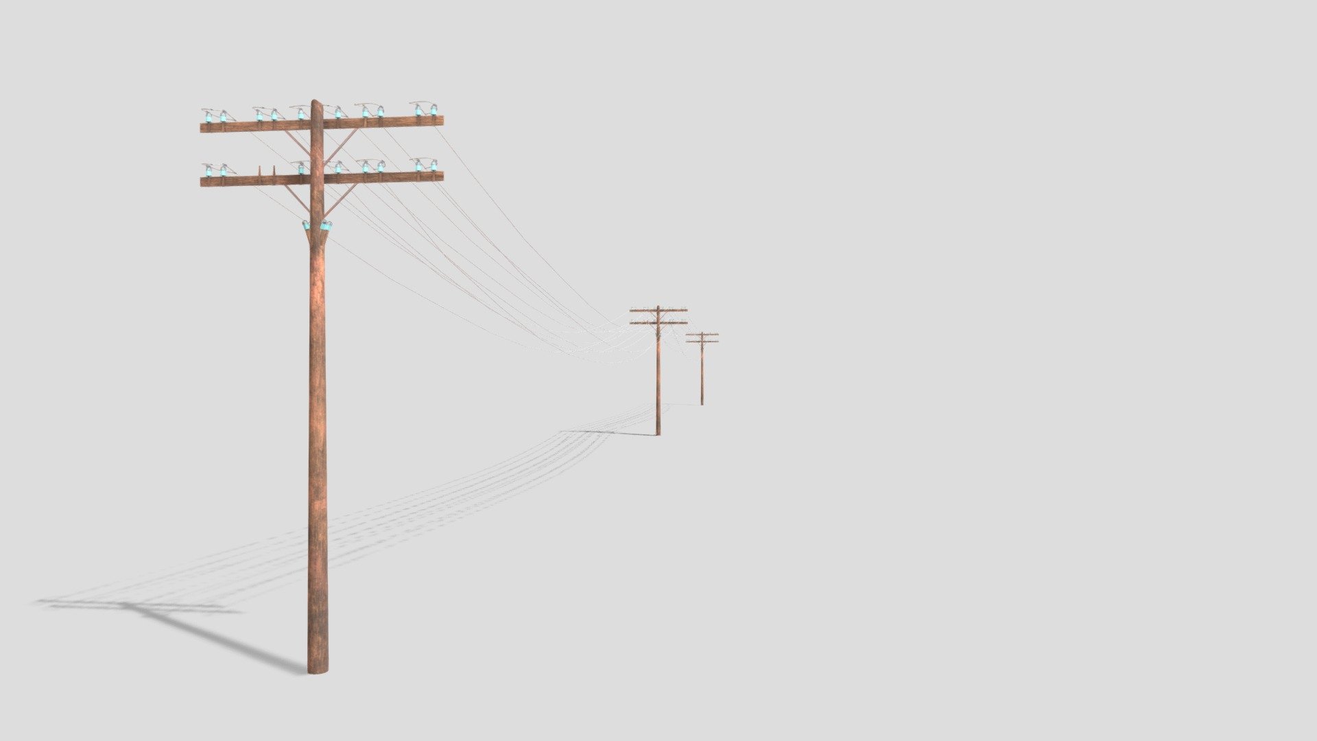 Electricity poles model built in Blender and rendered with Cycles, with PBR materials, Game-Ready.
The setup is built of 3 poles with cables between, ideal for seting up arrays.

File formats:
-.blend, rendered with cycles, as seen in the images;
-.obj, with materials applied and textures;
-.dae, with materials applied and textures;
-.fbx, with material slots applied;
-.stl;

3D Software:
This 3d model was originally created in Blender 2.79 and rendered with Cycles.

Materials and textures:
Materials and textures made in Substance Painter (PBR Workflow).
The model has materials applied in all formats, and is ready to import and render .
The model comes with multiple png image textures.

Preview scenes:
The preview images are rendered in Blender using its built-in render engine &lsquo;Cycles'.
Note that the blend files come directly with the rendering scene included and the render command will generate the exact result as seen in previews 3d model