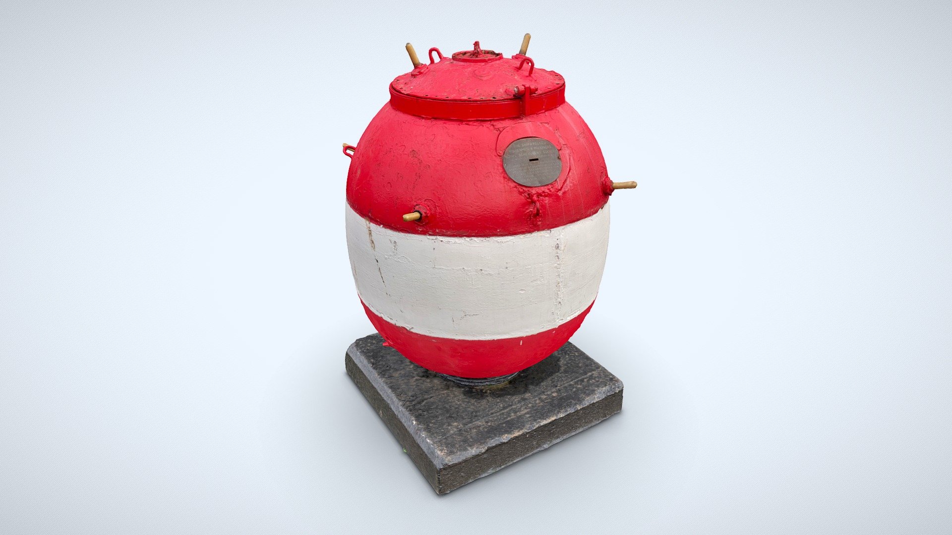 An old sea mine, sat near West Pier at Scarborough harbour, North Yorkshire. Now painted and repurposed as a charity collection box. I'm not going to bother trying to identify it, I spend ages trying to ID the last one and couldn't be sure of it (https://skfb.ly/6RsLI). This mine does have &lsquo;Hertz' horns, designed to detonate the main charge on contact, as opposed to the magnetic detonation design of the last one. Mines that looked a lot like this were ubiquitous in naval warfare around Great Britain in both World Wars, and indeed may remain a danger to shipping today when they turn up. 

166 images shot in November 2022. Processed in Metashape.

Stunning location next to a bin and some lobster pots.
 - Sea Mine | Scarborough Harbour - 3D model by Nick Mason Archaeology (@nickmason) 3d model