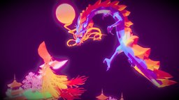 Phoenix and dragon phoenix, illustration, 3d, blender, art, lowpoly, design, animation, dragon