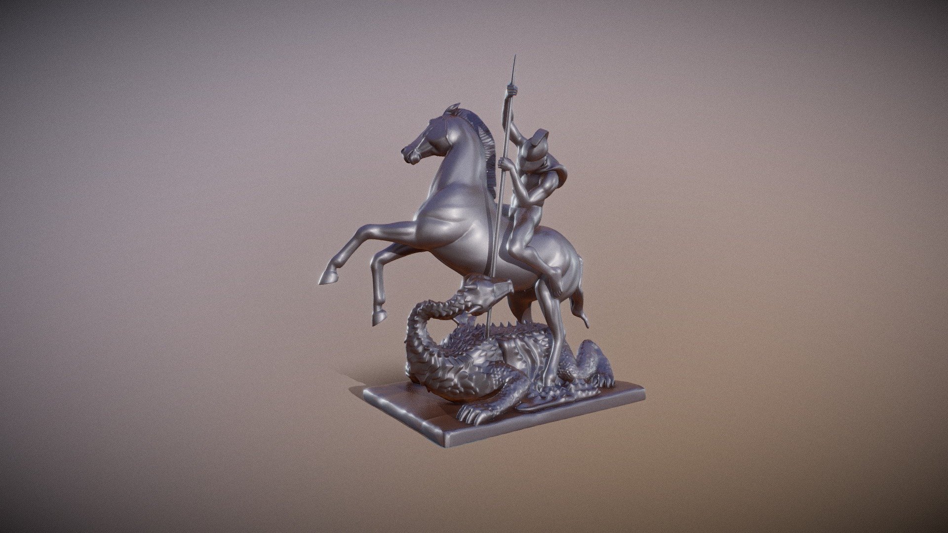 Saint George and the Dragon statue for 3d print, sculpted in zbrush. 

The zip file contains the model files in one piece and is provided in both stl and obj formats.

In history, there have been many heroic stories about warriors killing beasts and saving people. Speaking of a warrior who is also a Christian saint, we will think of Saint George. The most famous dragon slaying story in Western culture is “Saint George slaying the dragon” 3d model
