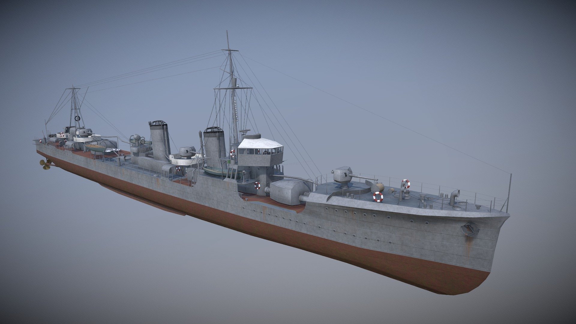 The destroyer Mutsuki was was the lead ship of her class of 12 destroyers built during the 1920s for the Imperial Japanese Navy. Mutsuki herself was sunk by US bombers during the  Battle of the Eastern Solomons in August 1942.

(reuploaded on 11/21/2021 with new textures for hull and boats) - Mutsuki - Buy Royalty Free 3D model by ThomasBeerens 3d model