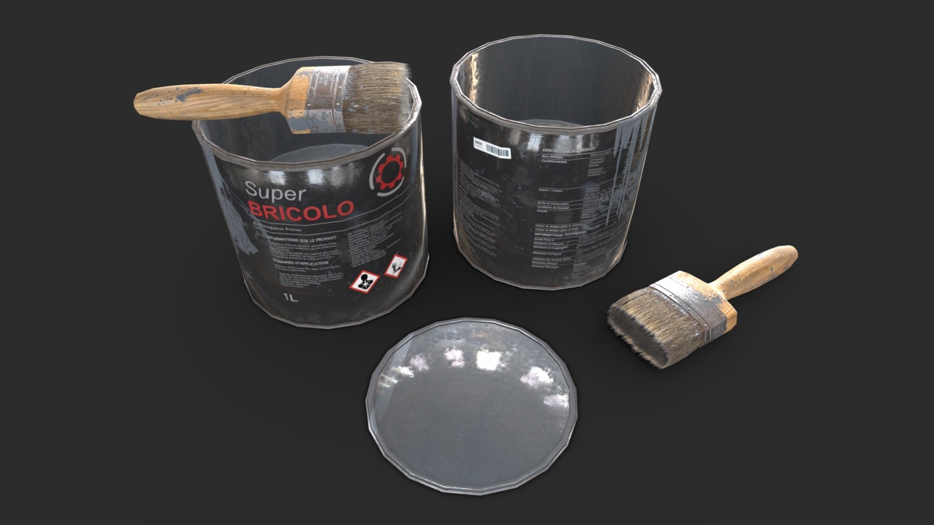 This paint bucket and brush including 3 individual objects with 3 LODs each and colliders. All elements are in realistic style and can be assembled to be used in any game (post-apo, first person shooter, construction… ). 

This AAA game asset of concrete pillars will embellish you scene and add more details which can help the gameplay and the game-design.

Low-poly model &amp; Blender native 2.93

SPECIFICATIONS




Objects : 3

Polygons : 1030

Subdivision ready : No

Render engine : Eevee (Cycles ready)

GAME SPECS




LODs : Yes (inside FBX for Unity &amp; Unreal)

Numbers of LODs : 3

Collider : Yes

Lightmap UV : No

EXPORTED FORMATS




FBX

Collada

OBJ

GLTF

TEXTURES




Materials in scene : 1

Textures sizes : 2K

Textures types : Base Color, Metallic, Roughness, Normal (DirectX &amp; OpenGL), Heigh &amp; AO (also Unity &amp; Unreal workflow maps)

Textures format : PNG

GENERAL




Real scale : Yes

Scene objects are organized by groups
 - Paint Bucket and Brush - Buy Royalty Free 3D model by KangaroOz 3D (@KangaroOz-3D) 3d model