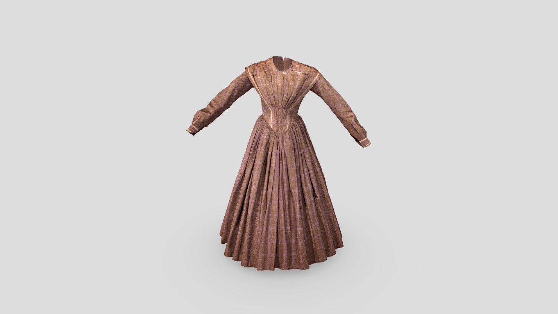A simple elaborate watered silk dress, in brown with a purple checked pattern being visible throughout. The silk has started to shatter, indicating the age and fragility of the garment. The cuffs on both of the sleeves are slightly worn and showing some evidence of wear. 
There are hook and eye fastenings up the back of the dress, which would have been easier to fasten by the woman on her own, possibly indicating that she didn’t have someone available to dress her. The dress overall is incredibly modest, which could simply be indicative of the time period, along with that of the status of the woman wearing it. There is potential for this dress to have belonged to a wet nurse who was employed by a wealthy family to feed the babies. 
Model made by Purpose3D - Victorian Maternity dress - 3D model by musecornishlife 3d model