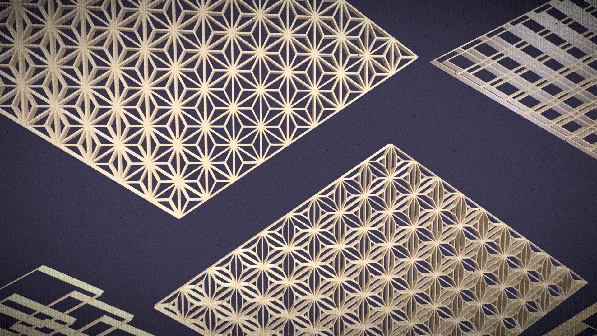 Japanese-inspired geometric patterns that can be used to spruce up bland surfaces of your 3d prints or add a Japanese flair to your architecture.
The Asanoha Pattern in particular is really strong when 3d printed!
To use only a section of the pattern, I use the Blender Boolean -&gt; Intersection modifier.
I found some of the names for the patterns and they are: Asanoha, Futae-bishi, Goma, Hishi, Mitsukude, and Shippo-Tsunagi 3d model