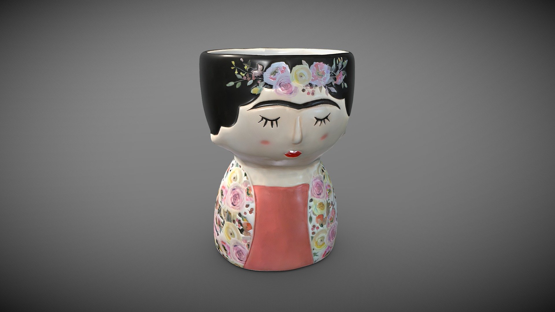 A 3D scan of a vase in the form of Frida Kahlo Head. The vase is made of ceramic and handpainted.

The additional file includes: 





.FBX format file




.OBJ format file




.uasset for Unreal Engine (made with UE 5.0, fully compatible with newer versions of UE)




all the textures with different resolutions: 4K, 2K, HD.



The mesh has a clean topology (not the heavy one of the original scan) to suit a lighter workflow, new UV and baked textures.

Normal maps are provided both in OpengGL and DirectX for game engines.

UASSET

The asset is made with Unreal Engine 5.0, so it's fully compatible with newer versions of Unreal Engine.

The folder is ready to import into Unreal Engine projects Content folders. 

The asset has generated collisions.

The material has the master material and a material instance with parameters to control the intensity of the maps.

The mesh supports Nanite for Unreal Engine 5.0+ and also has 4 LOD:




LOD 0: 10.520 tris

LOD 1: 2.630 tris

LOD 2: 3.360 tris

LOD 3: 1.314 tris
 - Frida Kahlo Head Vase 3D Scan - Buy Royalty Free 3D model by 3DRstudio 3d model