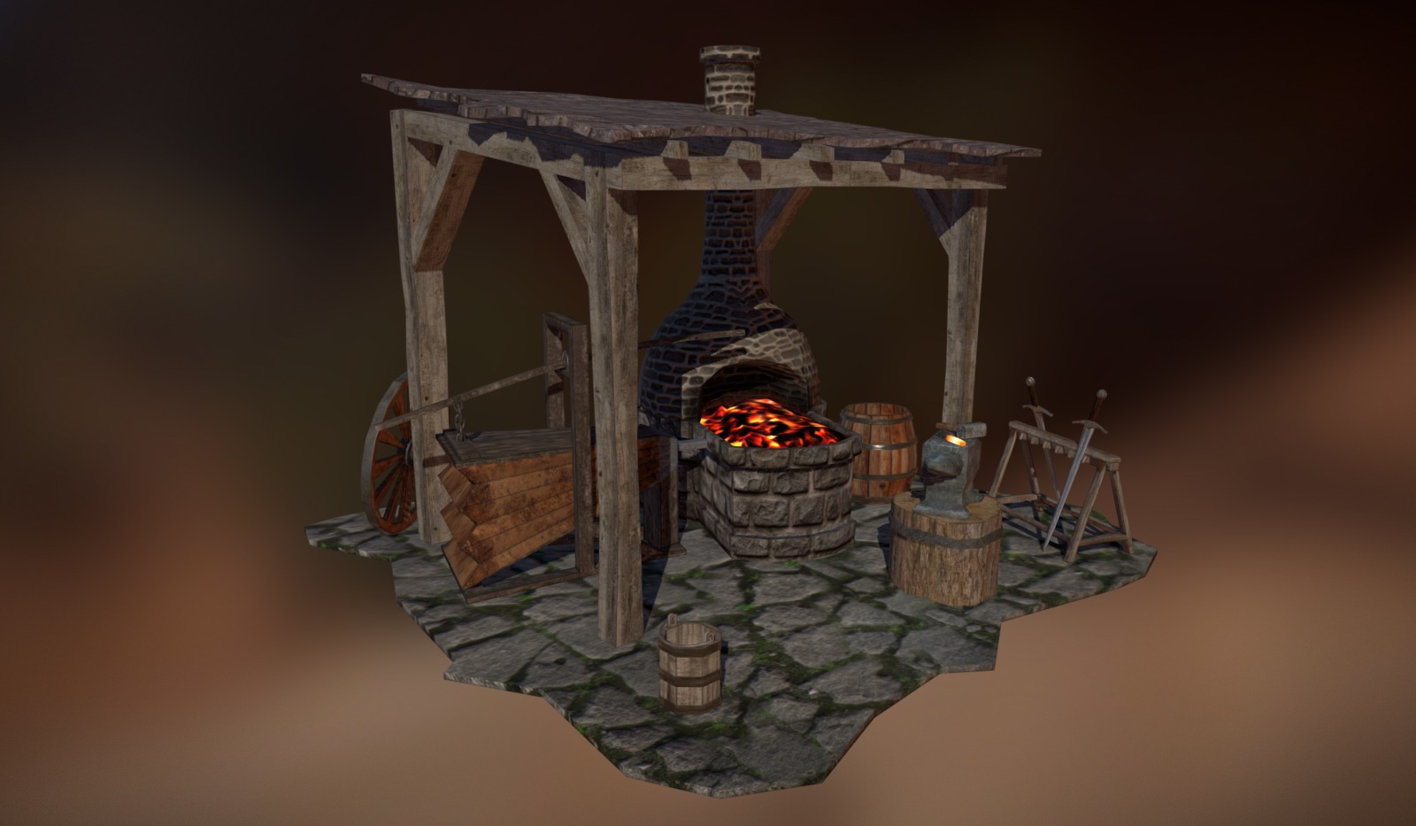 Small low-poly scene of a blacksmith shop 3d model