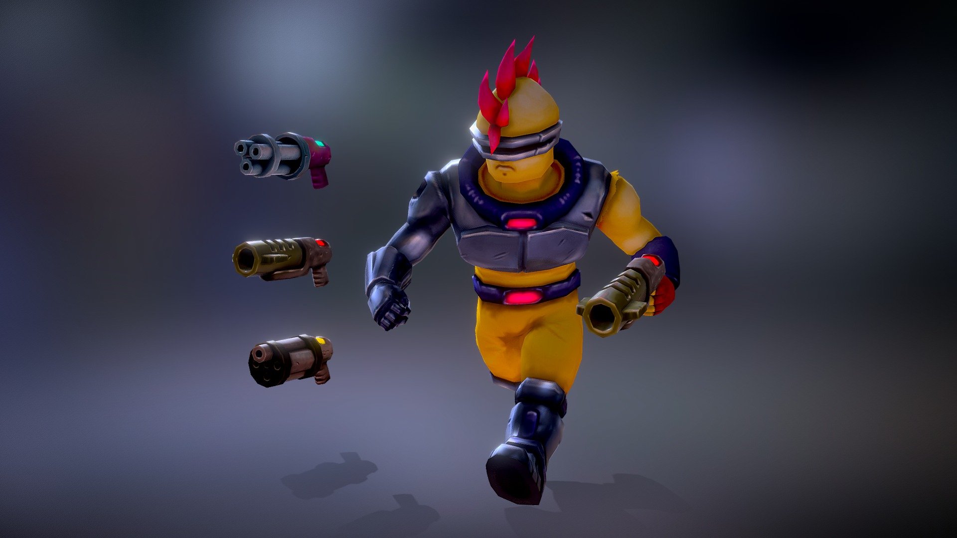 OC created for learning purposes early this year. Handpainted cartoonish character for futuristic 3D platform game.





Rigged and Animated Character: Gorogoro (3,358 tris) + 9 animation clips.




Weapons: Rocketlauncher (452 tris), Grenadelauncher (512 tris) and Machinegun (462 tris, separated in two meshes for animation purposes).



Gorogoro, please behave.

*Modeling, Animation, UVMaps &amp; Texturing were done using Blender 3d model