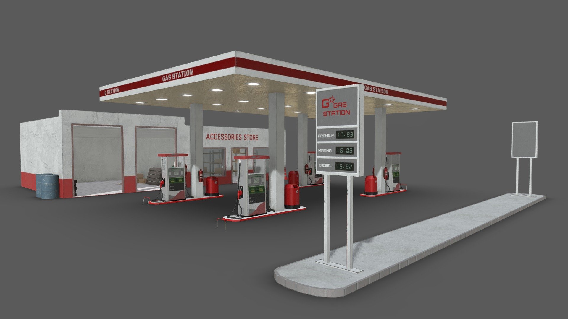 Features:




Low poly.

Game ready.

Separated and nomed parts.

Easy to modify.

All formats tested and working.

Textures included and materials applied.

Textures PBR MetalRough and SpecGloss 2048x2048
 - Gas Station 2 Low Poly - Buy Royalty Free 3D model by Elvair Lima (@elvair) 3d model