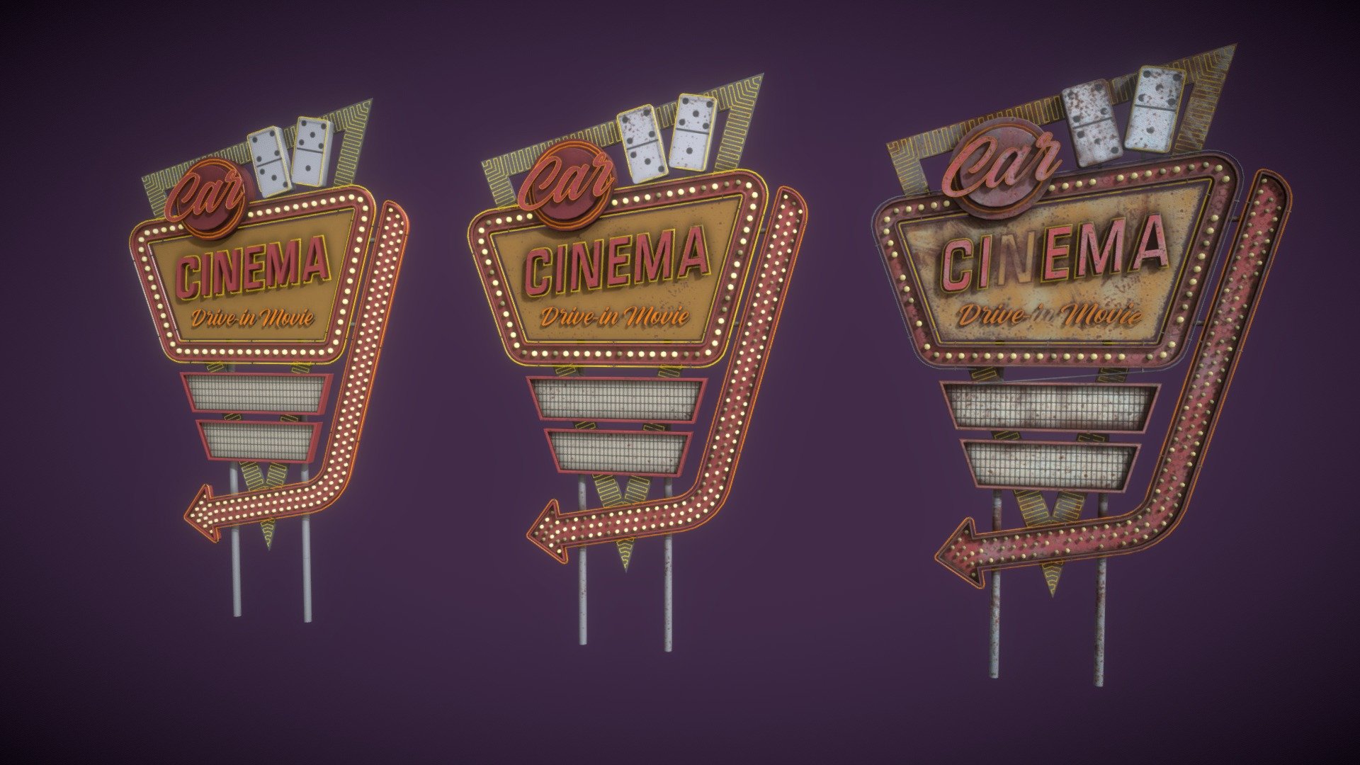 Render: https://www.artstation.com/artwork/WBYd33

This is a neon billboard of a car cinema, made in the style of the 60s and 70s, in 3 versions: whole (new), slightly rusty and old. This model contains 3 packs of PBR textures (1 pack of textures for each state).

Cinema_signs_all_ao.png - The ambient occlusion texture is only one and is used in all versions.

Pack 1:

Cinema_signs_all_ao.png

Cinema_signs_01_Basecolor.jpg

Cinema_signs_01_Emission.png

Cinema_signs_01_Metallic.png

Cinema_signs_01_Normal.png

Cinema_signs_01_Roughness.png

Pack 2:

Cinema_signs_all_ao.png

Cinema_signs_02_BaseColor.jpg

Cinema_signs_02_Emission.png

Cinema_signs_02_Metallic.jpg

Cinema_signs_02_Normal.png

Cinema_signs_02_Roughness.jpg

Pack 3:

Cinema_signs_all_ao.png

Cinema_signs_03_BaseColor.jpg

Cinema_signs_03_Emission.png

Cinema_signs_03_Metallic.jpg

Cinema_signs_03_Normal.png

Cinema_signs_03_Roughness.jpg

Each model contains:
Vertexes: 12.501
Triangles: 19.539 - Car Cinema Billboard in 3 versions (signs) - Buy Royalty Free 3D model by Black vizual (@Black_vizual) 3d model