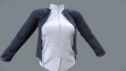 Female Casual Cardigan With White Shirt office, white, shirt, front, standing, fashion, girls, jacket, open, semi, long, clothes, stylish, business, daily, collar, realistic, professional, real, sleeves, costume, casual, womens, outfit, wear, formal, cardigan, loose, pbr, low, poly, female, blue, navy, unbuttoned