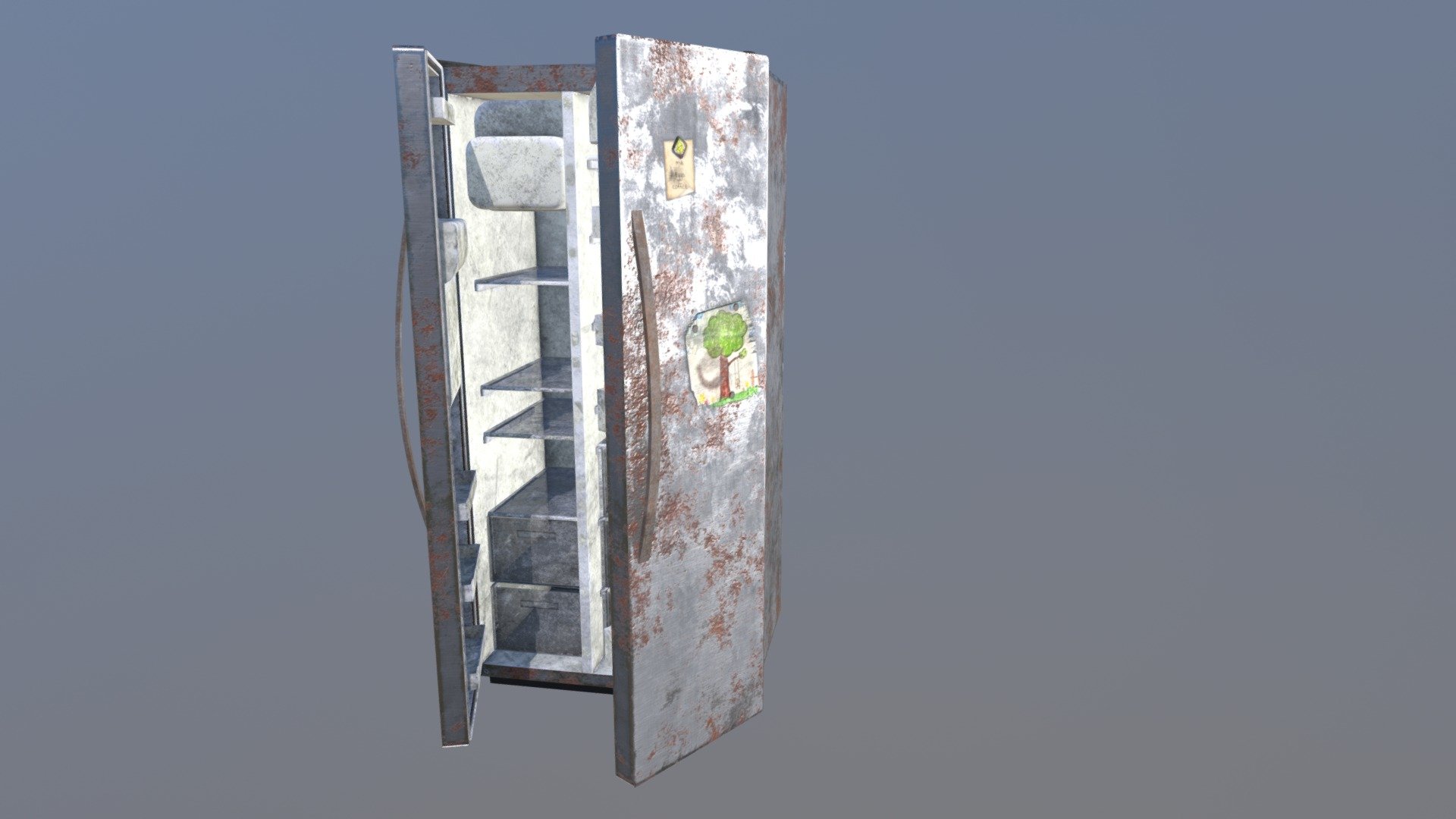 A low-poly, game-ready refrigerator for your post-apocalypse or horror setting. Fridge and doors use 4K texture sets. Shelves use a 2K texture set 3d model