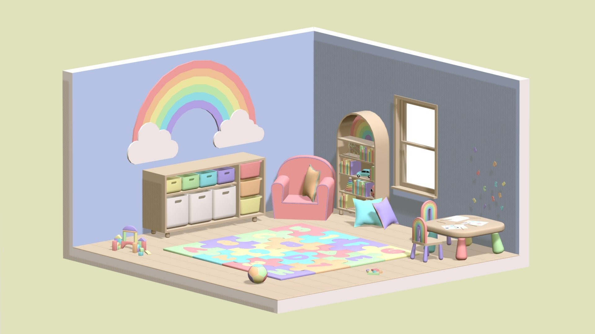 Hello everyone !

I am pleased to present this playroom that will blend into any decor of this style ! You can integrate these 3d model into all your games or animations and create a unique decor of which only you have the secret ! This pack contains:

Puzzle carpet
Table
Chair
Rainbow
Storage cabinet
Shelf
Drawing
Pencils
Magnets
Car
Rocket
Books
Maze bead circuit wire
Toy blocks
Lego
Balloon
Armchair
Cushion
Xylophone
Actually, everything you see in the images above. Let yourself be carried away by your imagination ! Enjoy !

Made in blender - Playroom - Buy Royalty Free 3D model by ApprenticeRaccoon 3d model