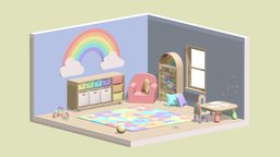 Playroom playroom, cushion, armchair, pencil, toy, drawing, balloon, blocks, books, puzzle, table, magnet, lego, rainbow, rocket, carpet, xylophone, lowpoly, chair, car, interior