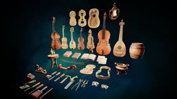 Instruments & tools violin, instrument, stool, wooden, barrel, instruments, hammer, guitar, tools, books, chisel, pliers, pincers, metal, props, artistic, brazier, cello, hurdy-gurdy, brushes, mandolin, lute, tongs, viola, luthier, handpainted, blender, pbr, plane, stylized, fantasy, magic