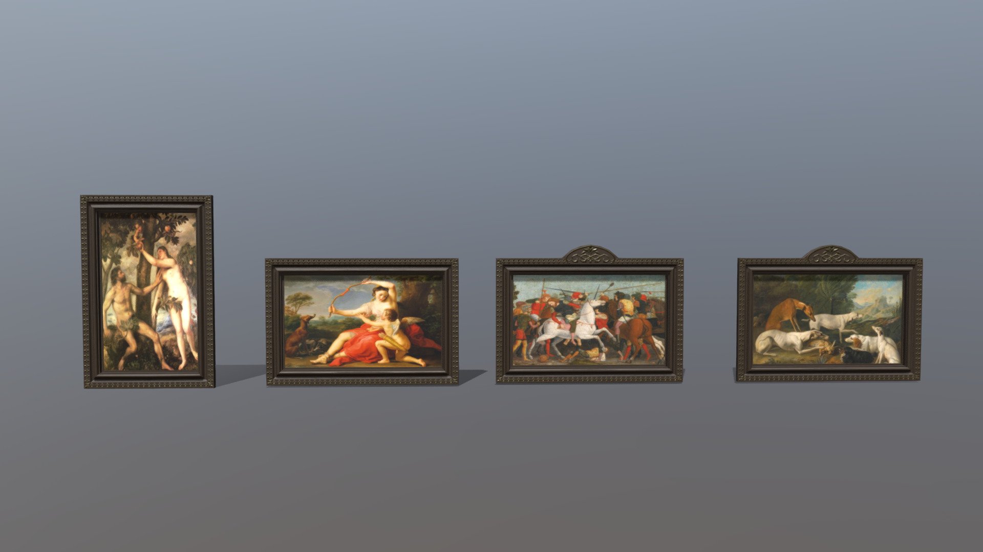 A set of picture frames with paintings. 
Paintings are from WIkimedia Commons and other Public Domain sources.

Kevin Miller - The Fall of Man
Francesco Morone - A Cavalry Skirmish
Pompeo Batoni - Diana and Cupid
Jacques Charles Oudry - Dogs in a landscape with their catch - Set of Paintings - 3D model by RunemarkStudio 3d model