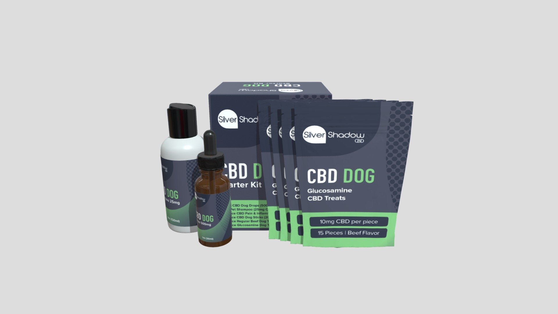 Silver Shadow CBD Pet Starter Kit with three pet treat bags, one pet stick bag, CBD Pet Tincture, and a small size 4oz Pet Shampoo bottle. All in a convienent, shelf save box 3d model