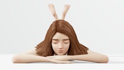 Bunny ears down, cactus, closed, eyes, woman, shut, laying, handpainted, low-poly, low, poly, female, stylized