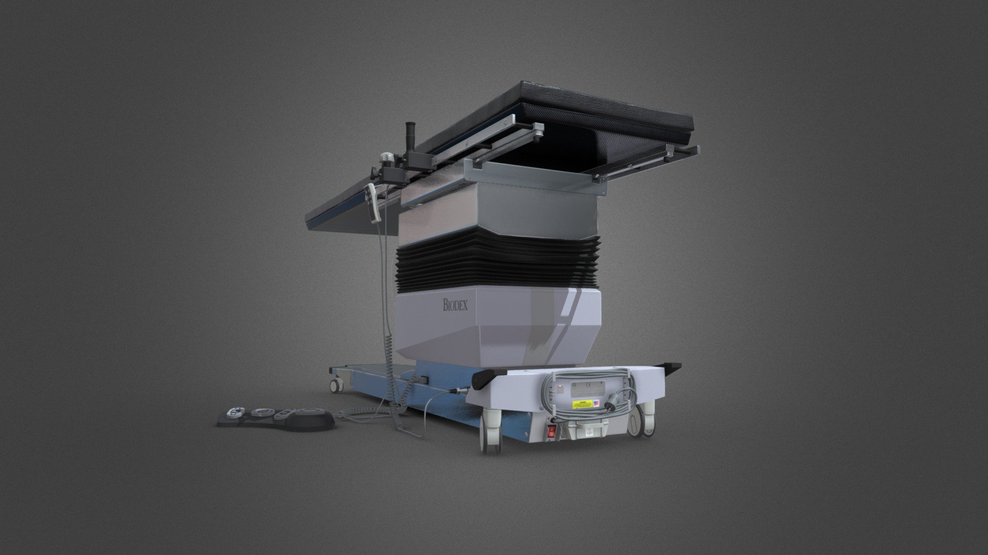 This was an art test I took. The task was to prepare a simple grey box scene of an operating room in Unity with baked lighting setup. One focal foreground asset with a high priority should be fully modeled and textured. I have chosen to make this operating table as my focal asset.

The intended use is within a training VR experience for surgeons that runs on high-end hardware, so the model has high polycount (140K Tris) and uses 4 2K texture sets 3d model