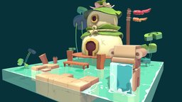 Goldfish house scene, green, plant, fish, adventure, statue, water, waterfall, swamp, difuse, colorful, handpaintedlowpoly, nenuphar, painter, handpainted, photoshop, lowpoly, house, wood, stylized, fantasy, rock, environment