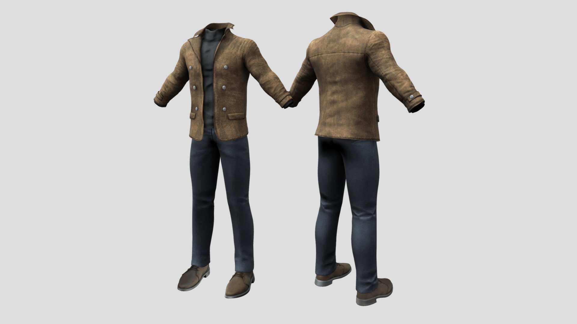 Can fit to any character, ready for games

Separate Models Of Jacket&amp;Sweater 2in1 Combo, Pants And Shoes

Quads, Clean Topology

No overlapping unwrapped UVs

Baked Diffuse Texture Map

Normal, Shadow and Specular Maps

FBX, OBJ, gITF, USDZ (request other formats)

PBR Or Classic - Mens Jacket Outfit - Buy Royalty Free 3D model by FizzyDesign 3d model