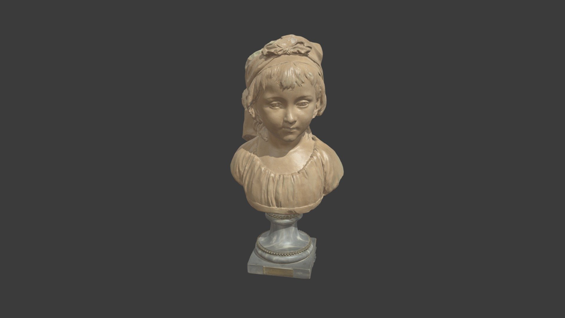 3D scan of a young girl attributed to the French Sculptor Jean Antoine Houdon 1741-1828

More information about the scultpor found here.
https://www.metmuseum.org/toah/hd/jahd/hd_jahd.htm

3D scan completed as part of a conservation project with the object undertaken by Lincoln Conservation situated in the University of Lincoln
https://www.lincolnconservation.co.uk/

3D scanner used Artec Spider - Jean Antoine Houdon Sculpture - 3D model by Designblok 3d model