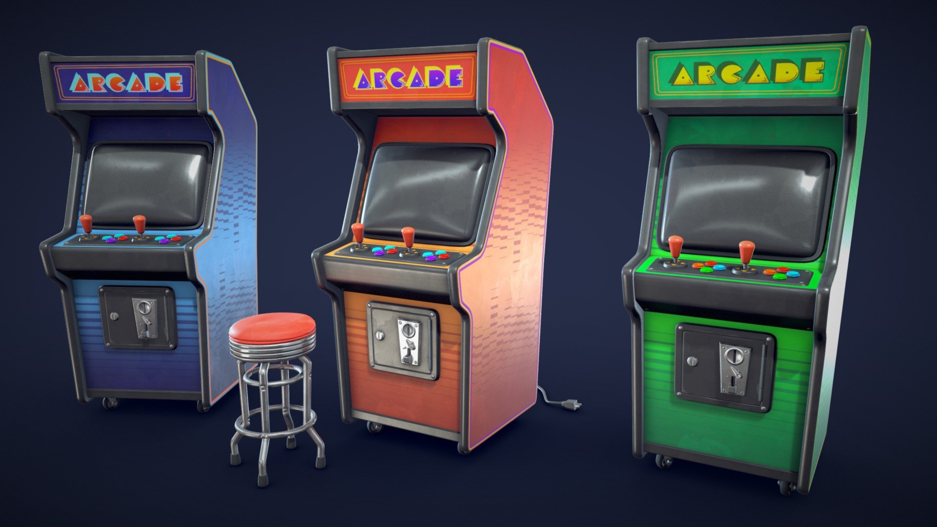 A 3D model of a retro-style arcade machine and arcade chair.
The asset also comes with several textures and materials that can be customized.
Whether you want to create a nostalgic arcade scene, a futuristic cyberpunk environment, or a whimsical fantasy world, this asset will add some fun and flair to your project.

Model information:




Optimized low-poly assets for real-time usage.

Optimized and clean UV mapping.

2K and 4K textures for the assets are included.

Compatible with Unreal Engine, Unity and similar engines.

Additional unposed arcade machine is included.

Additional cable meshes are included.

3 color variation textures are included.

All scene assets are included in a separate file as well. 

Here is a look at the assets included in this pack:
 - Stylized Arcade Machine - Low Poly - Buy Royalty Free 3D model by Lars Korden (@Lark.Art) 3d model