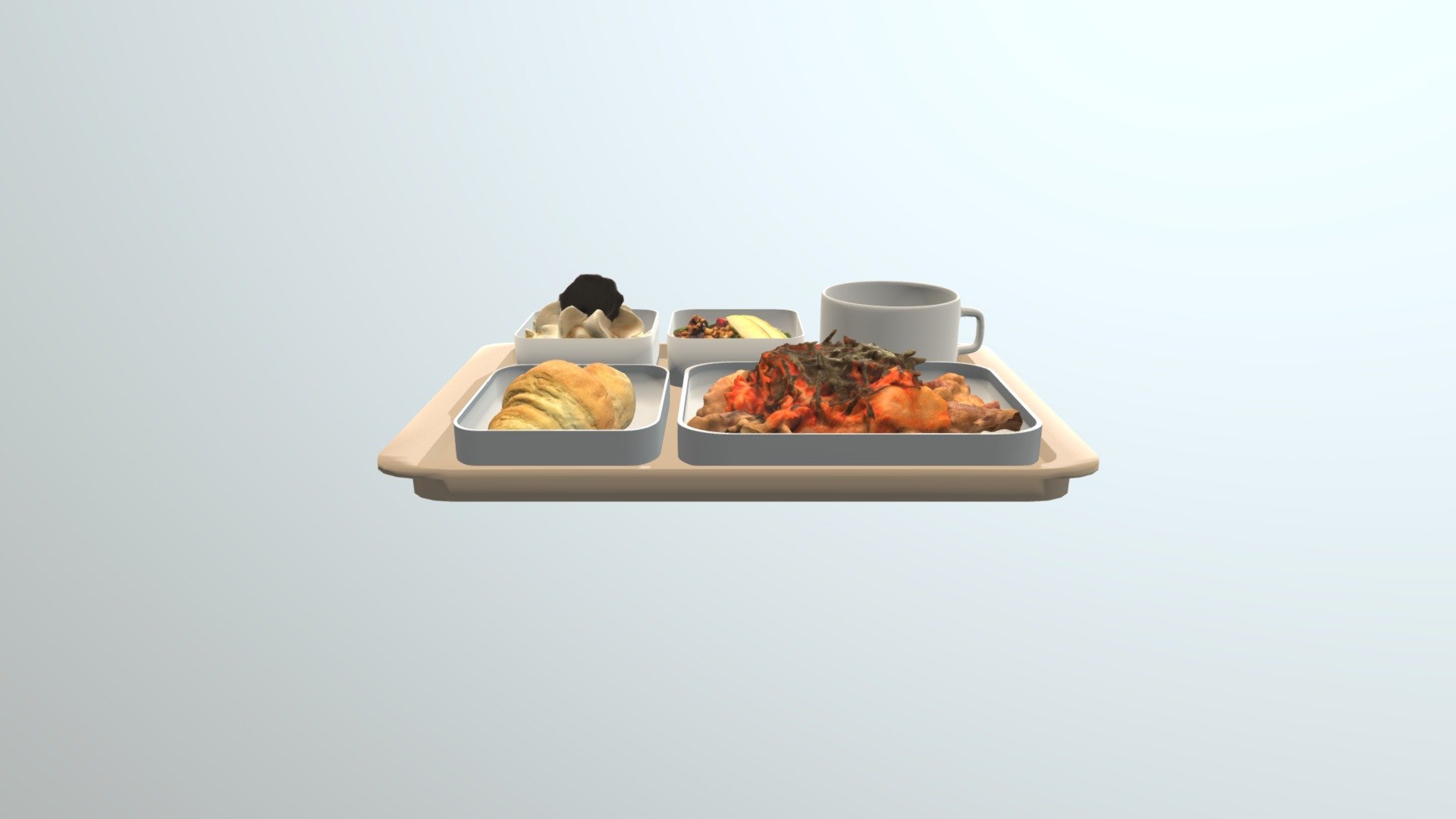 (1)crossaint modified from https://sketchfab.com/3d-models/croissant-8437584c474e4fedab5adbd84a2291e6

(2)meal from https://sketchfab.com/3d-models/beef-bowl-ae47b1d5e8a24082a999691308dc03e5

(3)ice-cream modified from https://sketchfab.com/3d-models/vienna-coffee-with-chantilly-
cd87fcf156eb4379b3f57e738d82d4f3

(4)salad modified from https://sketchfab.com/3d-models/salad-head-5a9706cafdde428696cb5a25bcd51014 - in-flight tray food demo - 3D model by xchen92 3d model