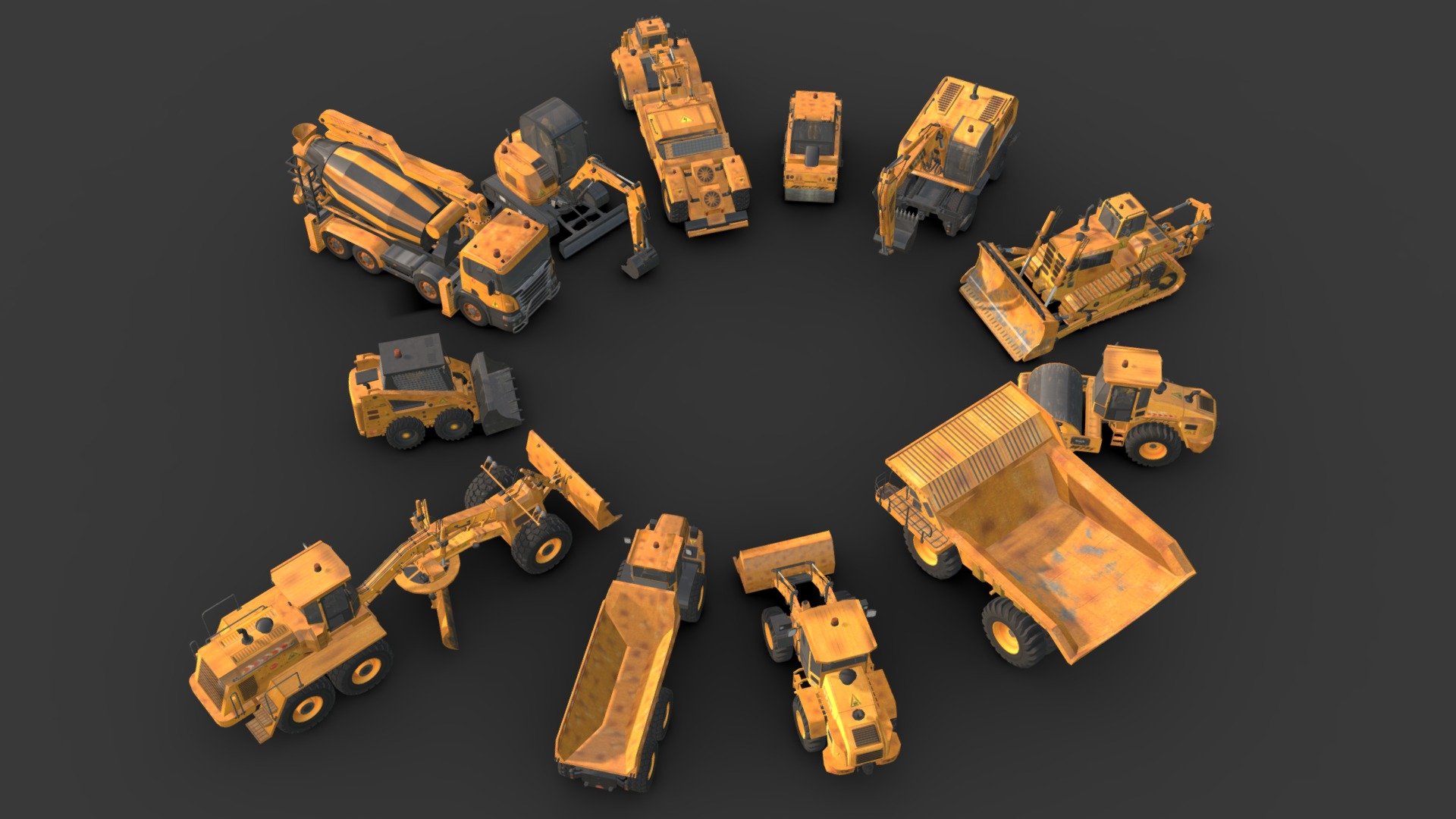 *Construction Vehicles Pack

*The package contains 12 vehicles.

*Average poly count: 20k tris.

*Textures High Quality.

*Low poly (Mobile Optimized).

*Vehicles have separate parts.

*The inside of these models are designed.

*Textures size : 2048 * 2048 / 1024 * 1024 (BMP).

*The main folder is in the additional files 3d model