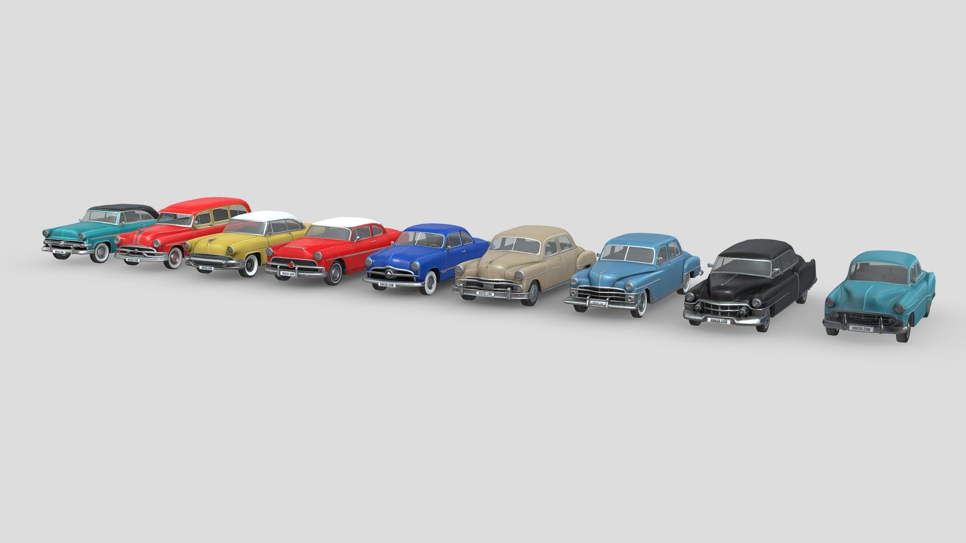 This models pack contain 9 different cars, with nice and clean geometry.

Features :
- Low poly cars, each cars only have about 7k polygons.
- It’s included PSD file, so you can easily change the color (Using Photoshop).
- Nice detail, thanks to the baked-textures in 4K size.

Cars included in this pack:
- Cadillac 75 Sedan 1953
- Chevrolet Club Coupe 1953
- Chrysler NewYorker 1950
- Dodge Coronet Mk1 1950
- Ford Crestline Sunliner 1954
- Ford Custom Club Coupe 1949
- Hudson Hornet 1943
- Lincoln Capri Hardtop Coupe 1955
- Pontiac Chieftain Deluxe Station Wagon 1953

Buying this collection, you will save a large amount of money! - Low Poly Cars Collection 005 - 50s Cars - Buy Royalty Free 3D model by ROH3D 3d model