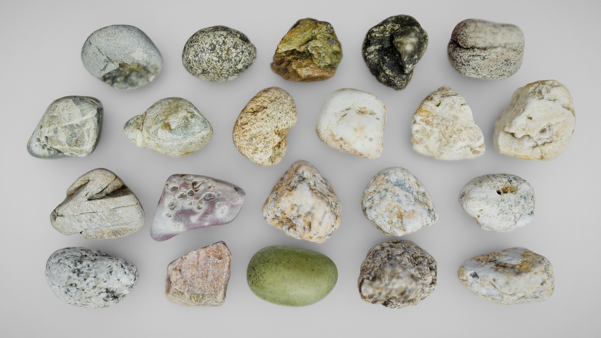 Other packs: pack 2, pack 3, pack 4

These assets were generated from scans of beach pebbles and stones I picked up on the shore between Plouguerneau and Roscoff, in France. I did not specifically select extraordinary samples, but rather tried to go for a broad diversity of colors and shapes in order to create an interesting pack.

Each prop in this bundle comes with .fbx, .obj and .dae formats, and is available in 5 different resolutions:




LOD0: 15k tris - 4096x4096 textures (albedo and normal maps)

LOD1: 5k tris - 2048x2048 (those are the ones visible here!)

LOD2: 1.5k tris - 1024x1024

LOD3: 500 tris - 512x512

LOD4: 150 tris - 256x256

If this fits your usage, you can also simply download the full collection of 84 rocks for free in the lowest resolution here :D

Enjoy ! - Rocks - Pack 1 - Buy Royalty Free 3D model by Loïc Norgeot (@norgeotloic) 3d model